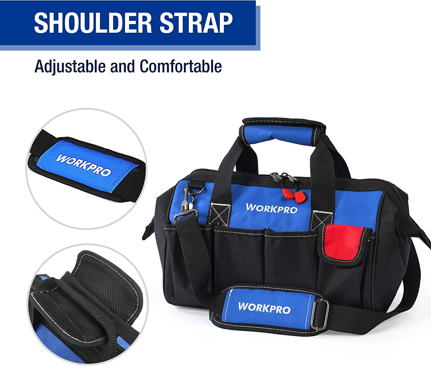 WORKPRO 14″ Tool Bag 13 Pockets Close Top Wide Open Mouth w/Adjustable Shoulder
