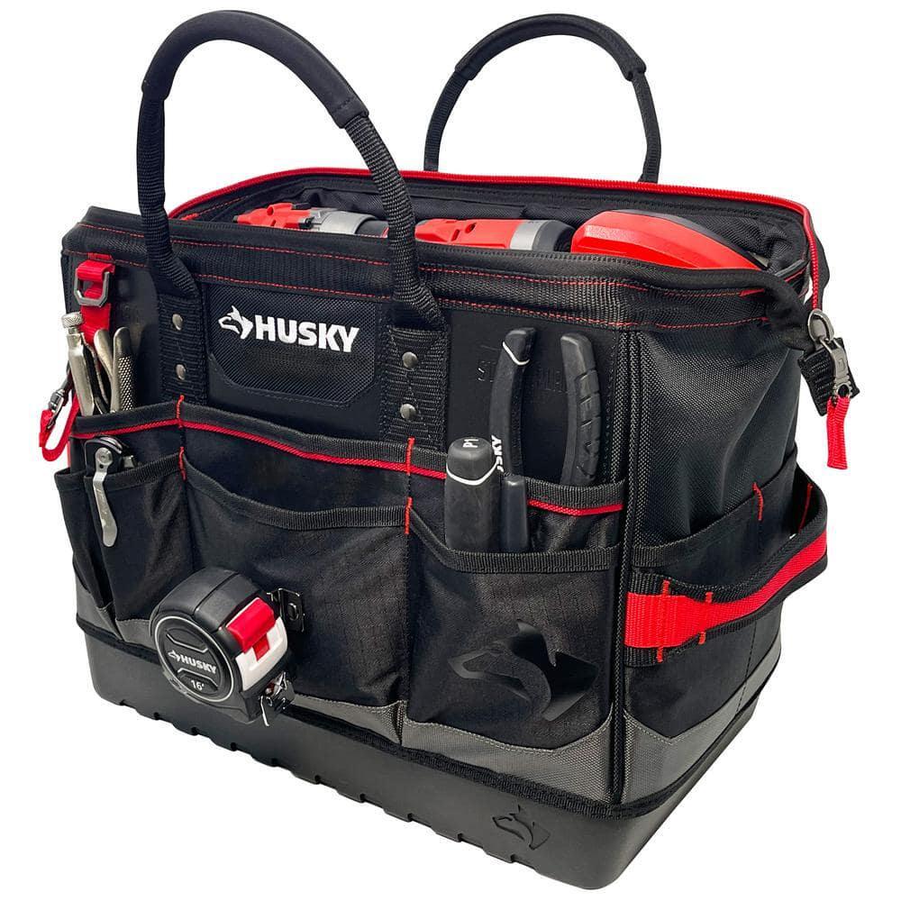 Husky 16in Heavy-Duty Pro Tool Bag 1680D Polyester 28 Pocket Lockable Shoulder