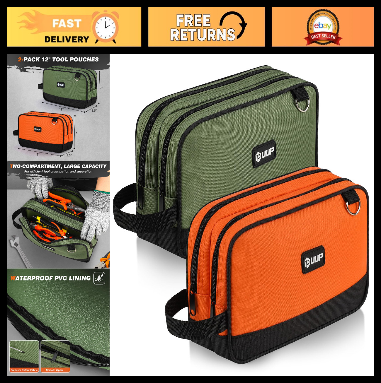 12″ Small Tool Bag 2-Pack | Waterproof Heavy-Duty Organizer with Zipper & Handle