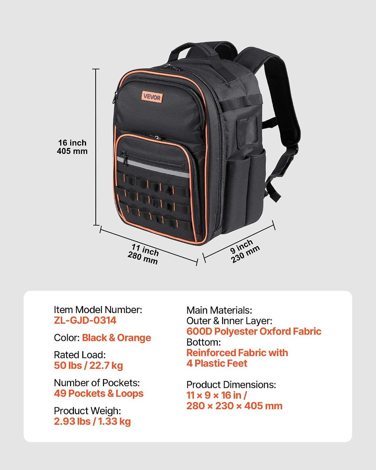 Tool Backpack, 49 Pockets, Heavy-Duty Tools Storage Organizer Work Bags Backpack