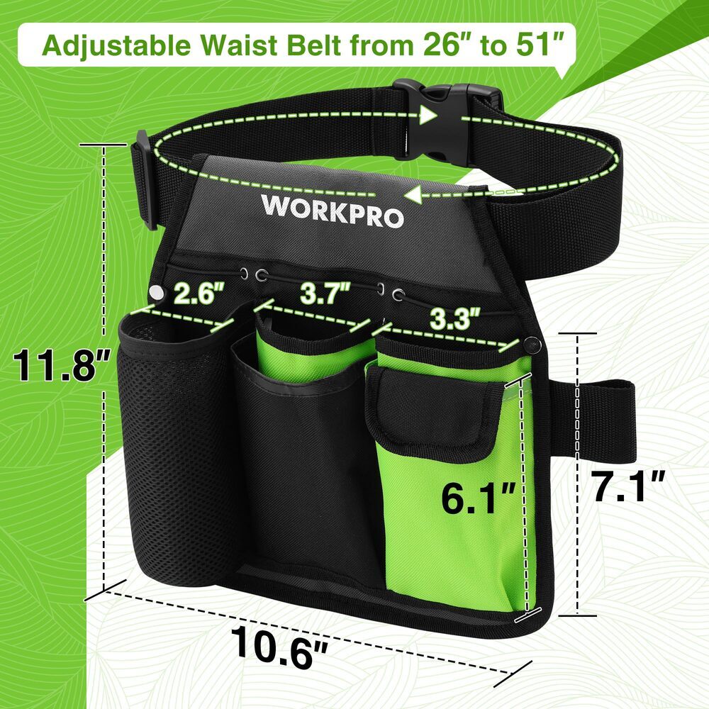 WORKPRO Garden Tool Belt Single Side Garden Tool Pouch 5 Pockets Adjustable Belt