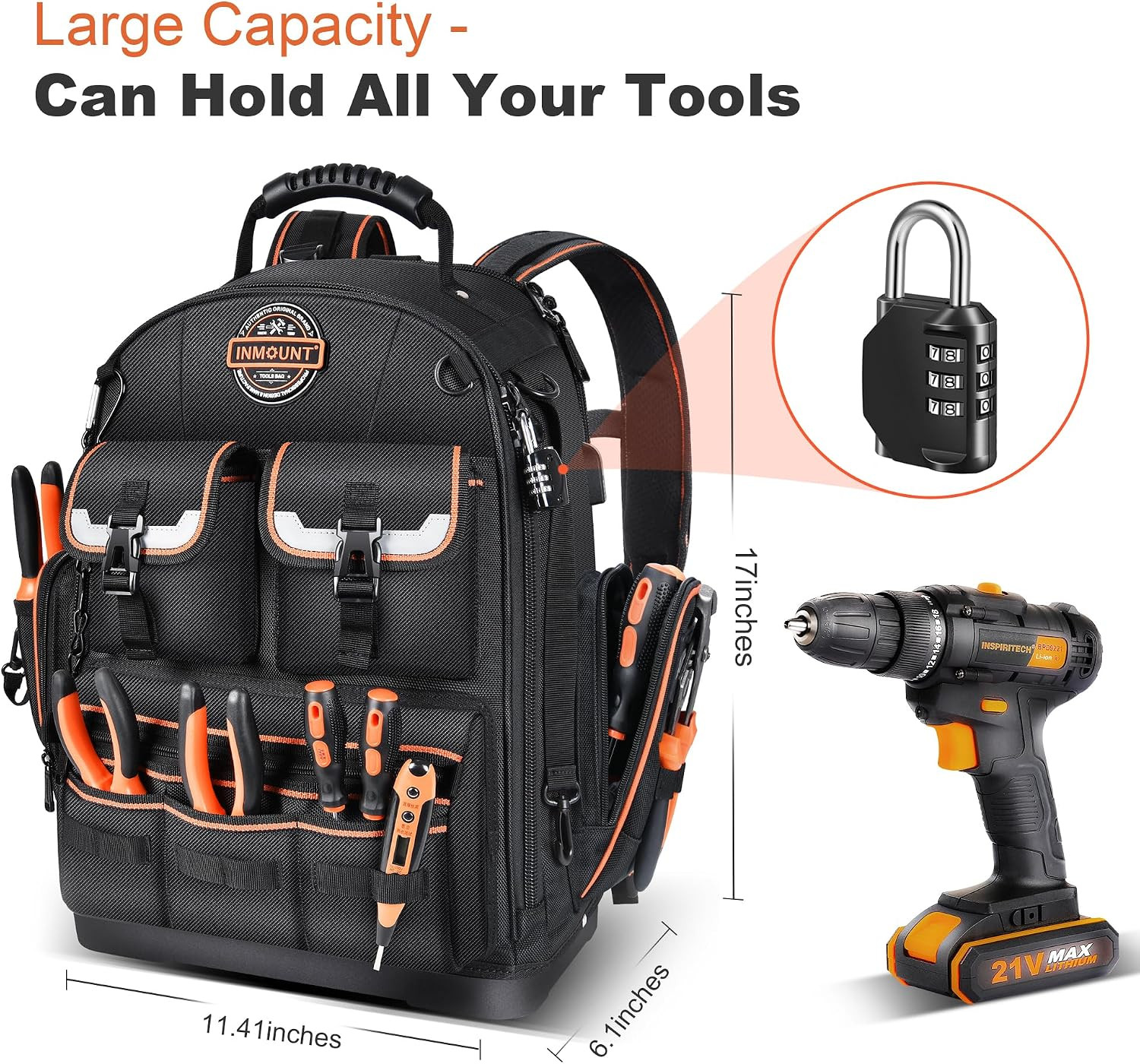 Tool Backpack Heavy Duty with Molded Bottom, 1680D 56-Pocket Tool Bag Organizer