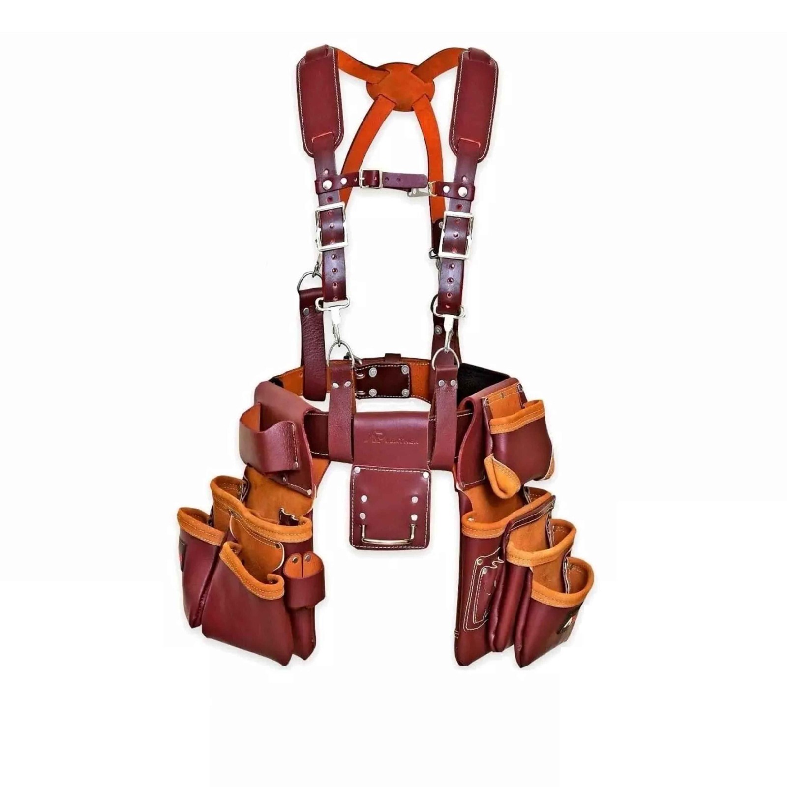 Electrician’s Leather Tool Belt Pouch 19-Pocket Suspenders with Comfortable Back