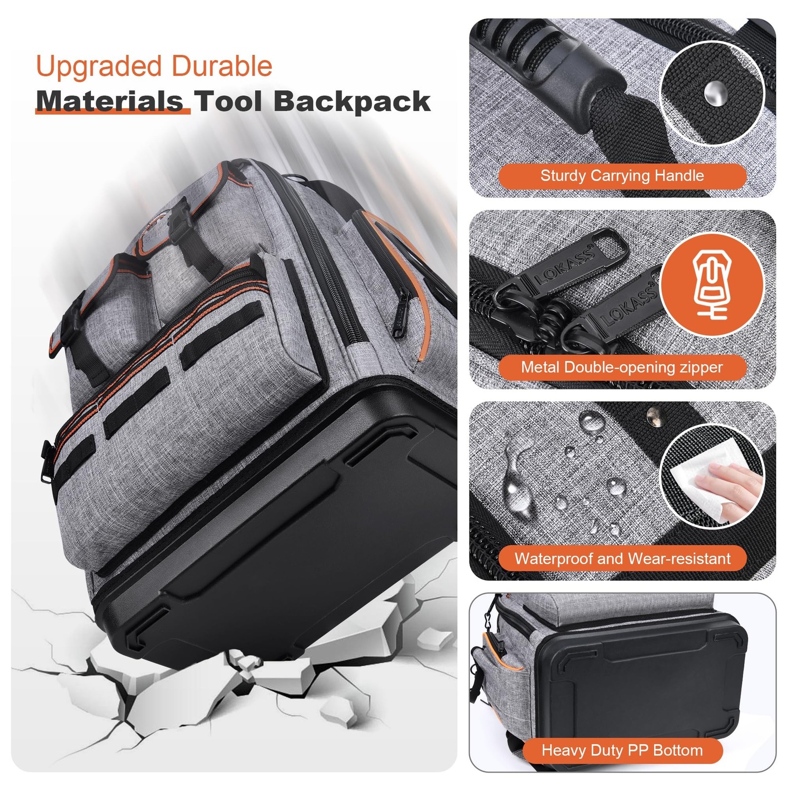 LOKASS Tool Backpack 8605 1680D Molded Base Laptop Compartment Water Resistant
