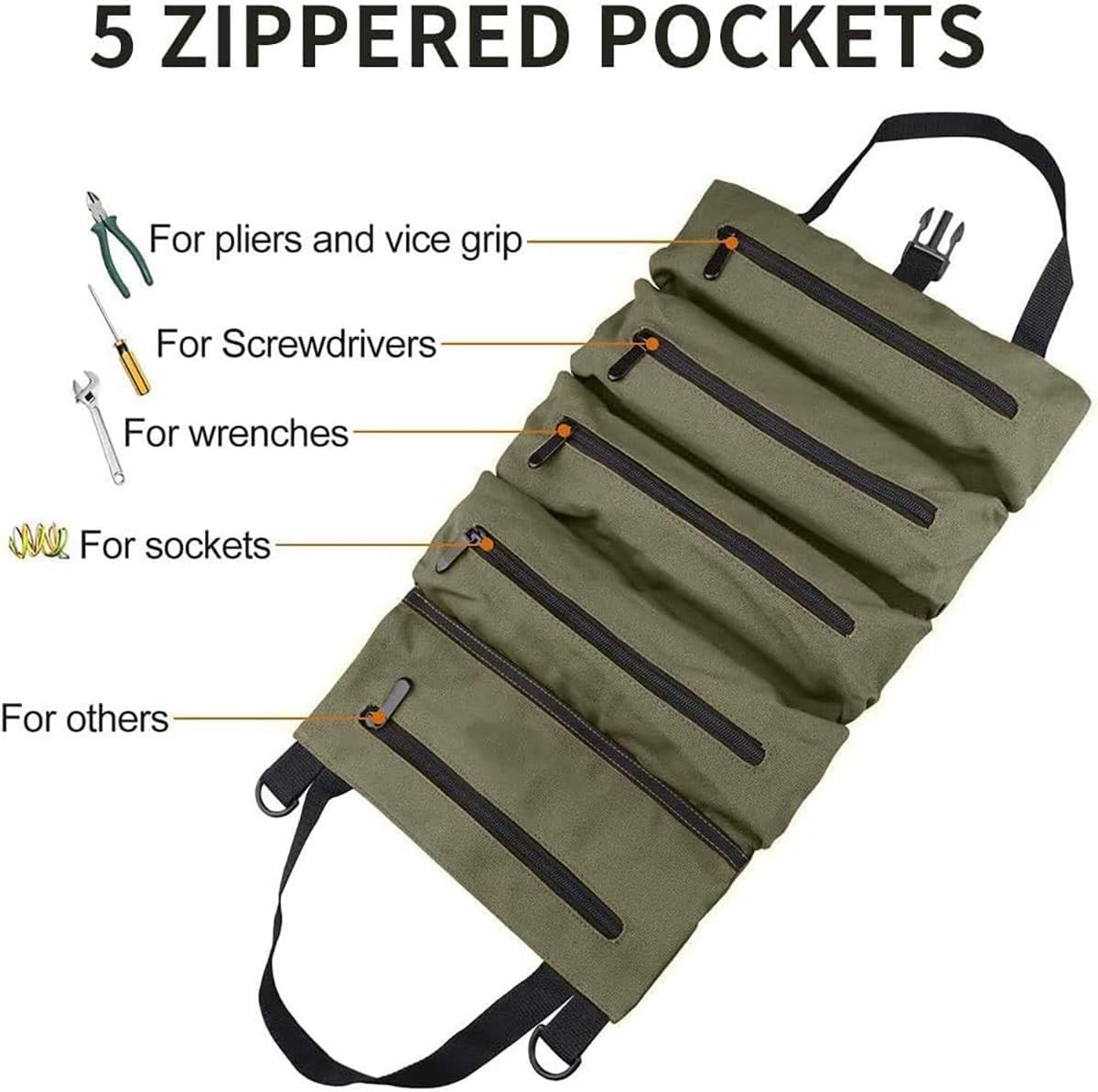 Heavy Duty Tool Roll Organizer Waterproof Oxford Cloth 5 Pockets For Mechanics E