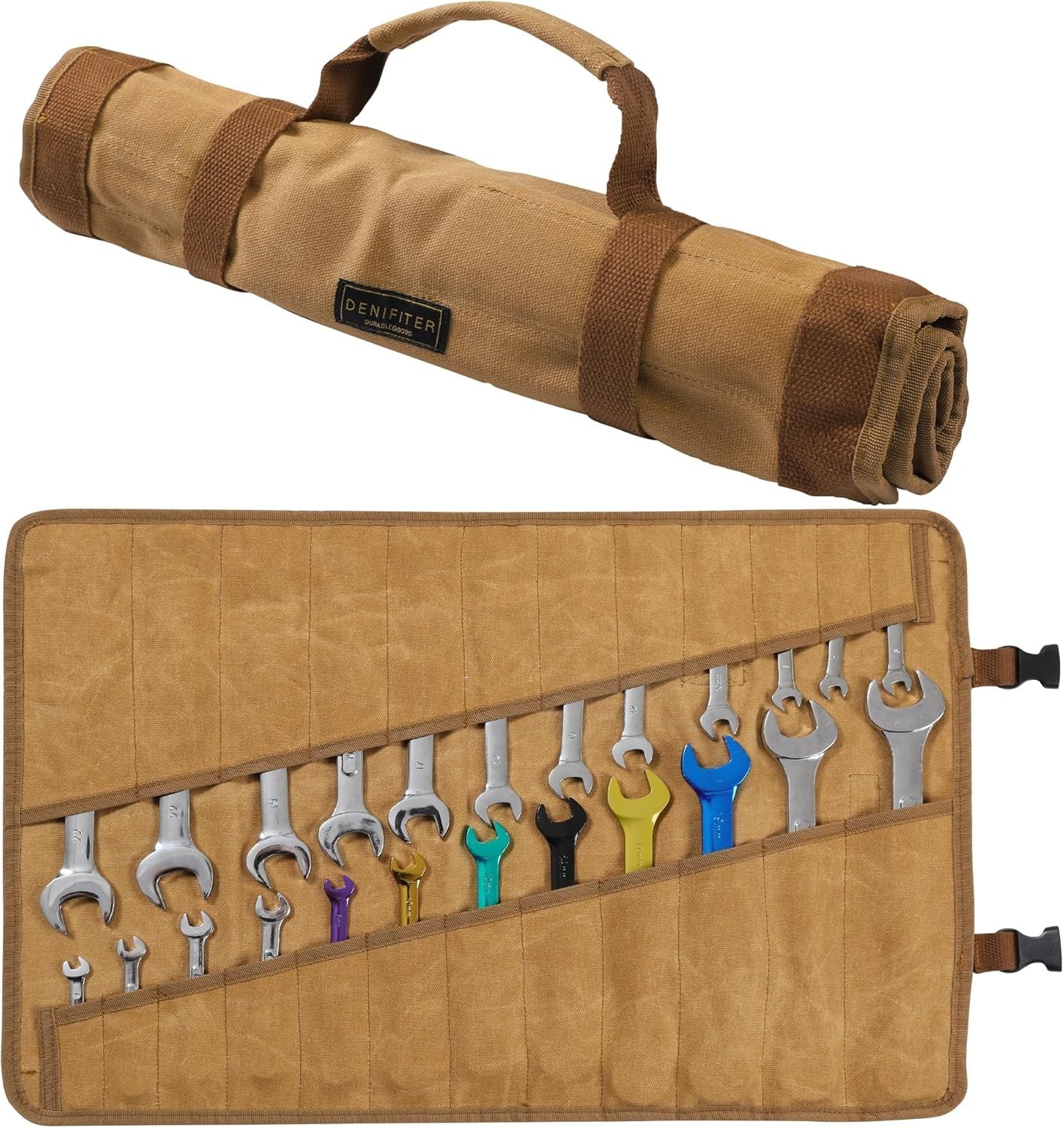 Wrench Roll Up Organizer Pouch,Heavy Duty 16oz Waxed Canvas Tool Bag, 24 Pockets
