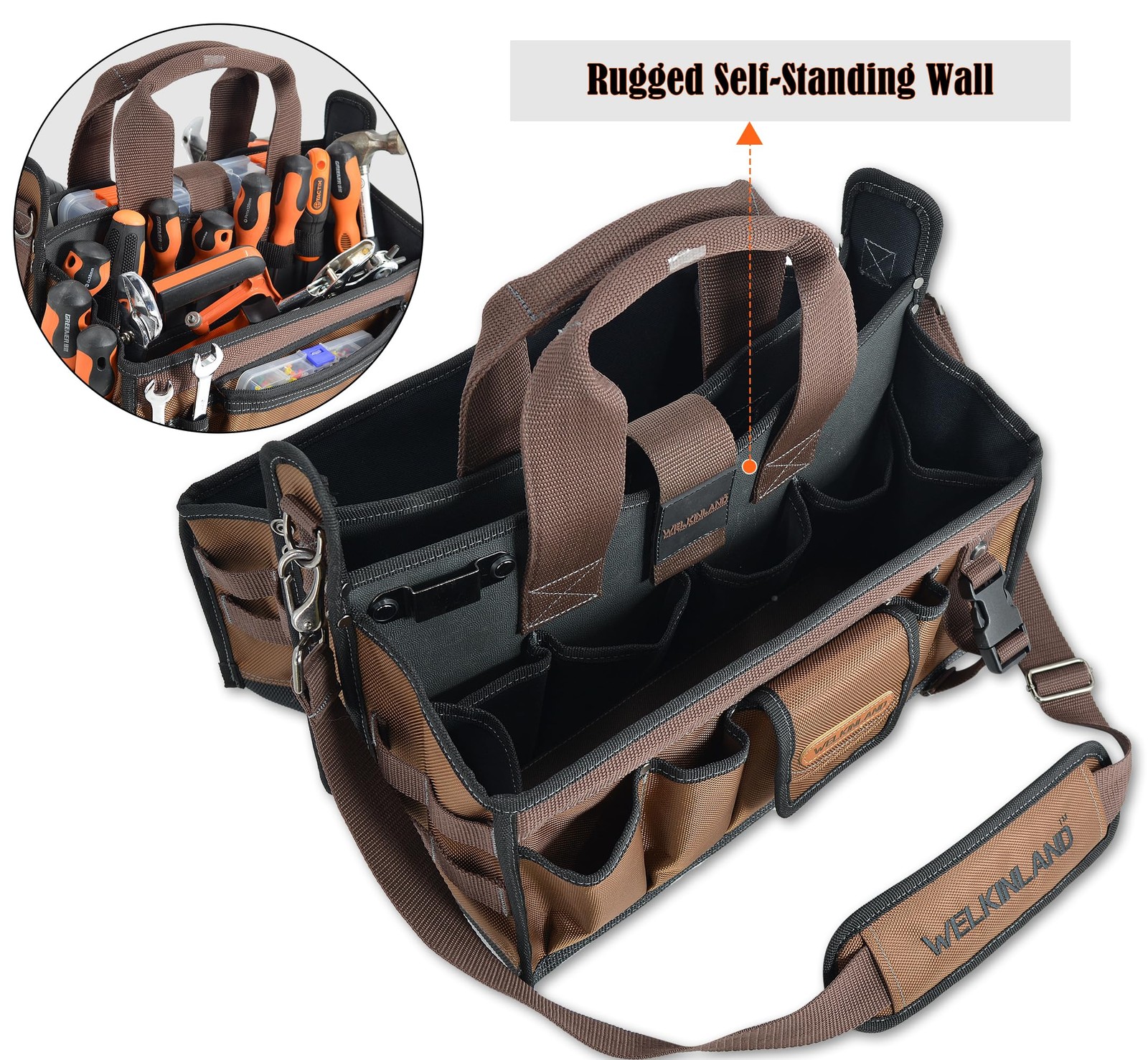WELKINLAND 20-Pockets Tool Tote Bag, 16″ Electrician Black/Brown