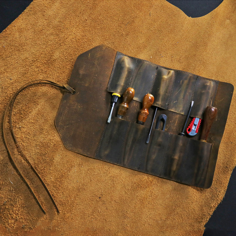 TOURBON Vintage Leather Roll Craft Tool Organizer Workshop Knife Carrier Bag