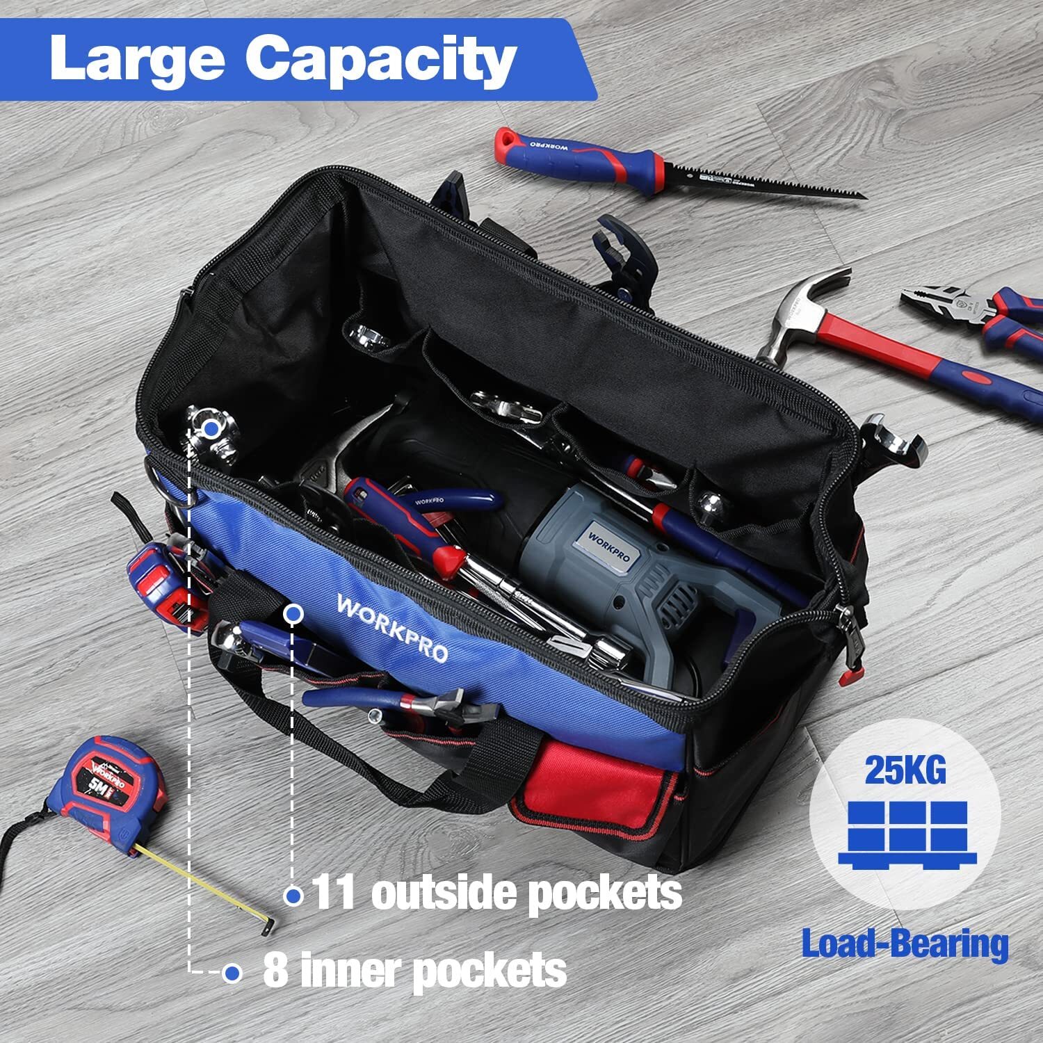 WORKPRO 18″Tool Bag Tool Tote Waterproof with Base and Adjustable Shoulder Strap