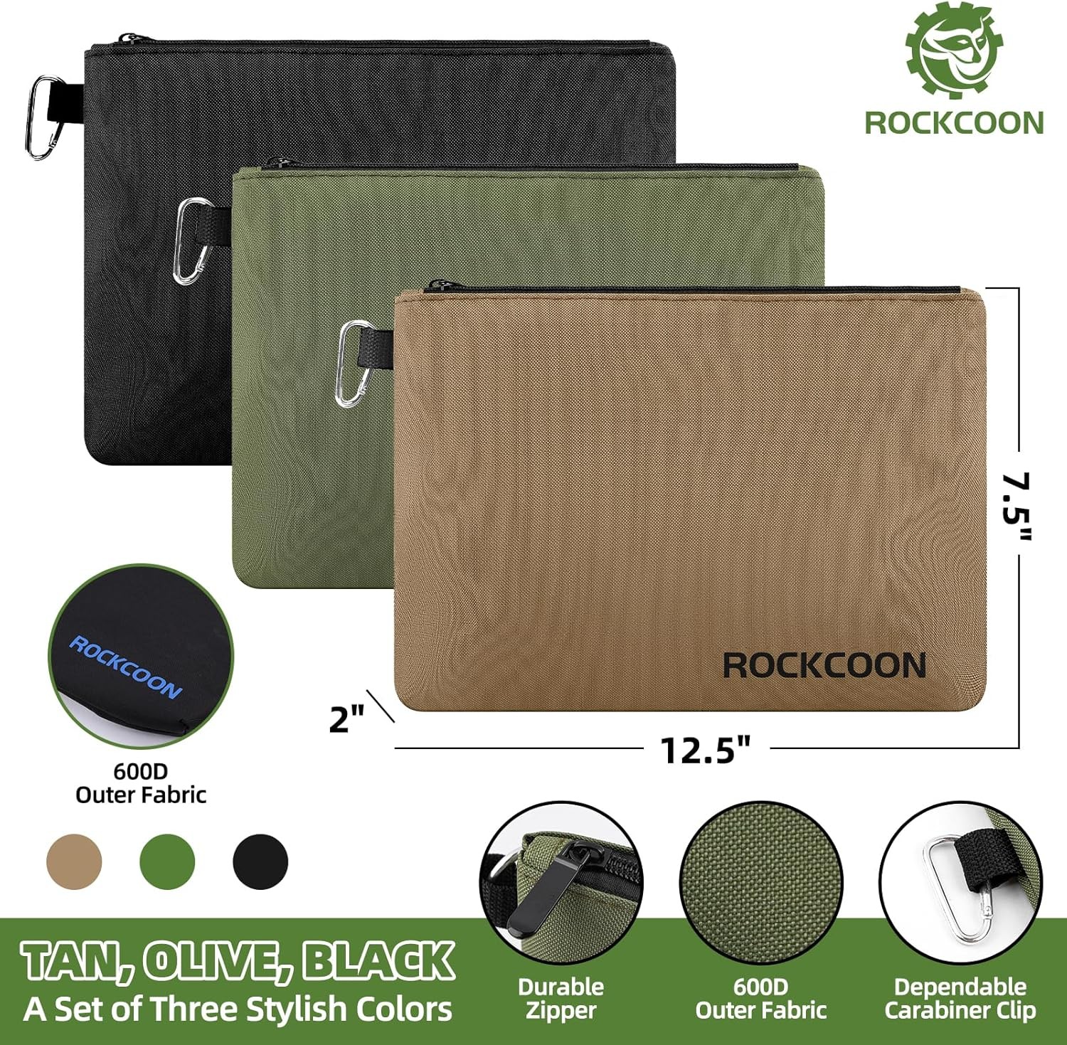 3 Pack Zipper Pouch, Multipurpose Zippers Pouches for Tan, Navy Green, Black