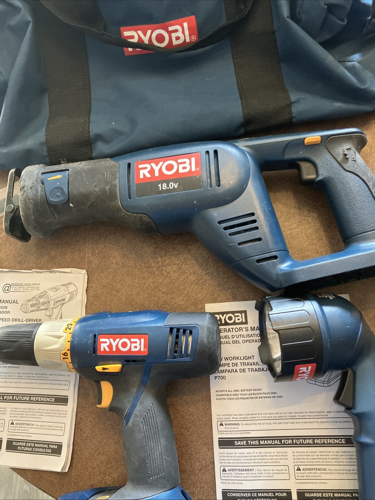 Ryobi Power Tools Drill, Reciprocating Saw & Contractors Bag. TESTED AND WORKS
