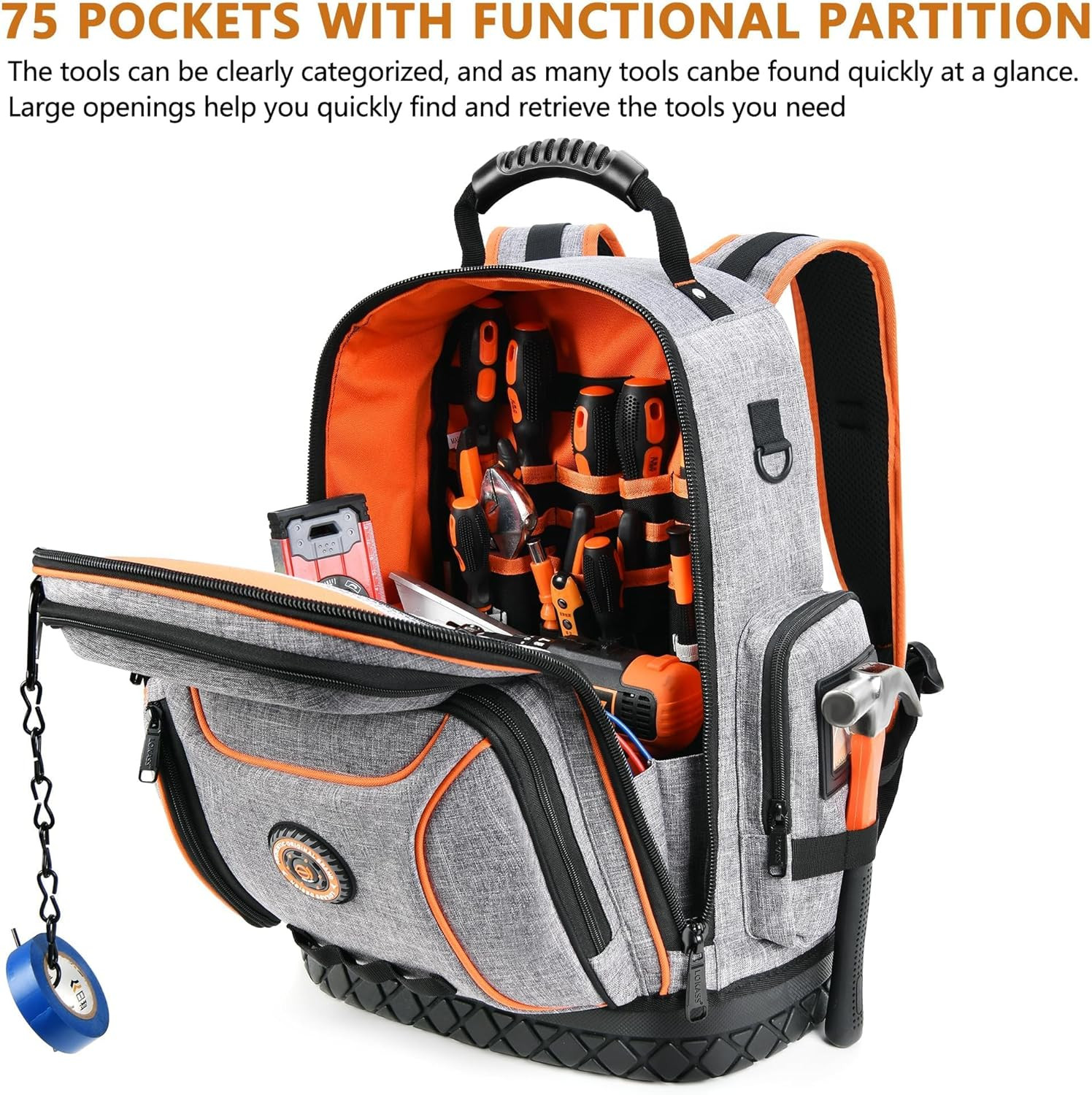 Heavy-Duty Electrician Tool Backpack with Waterproof Base & Lock – Gray