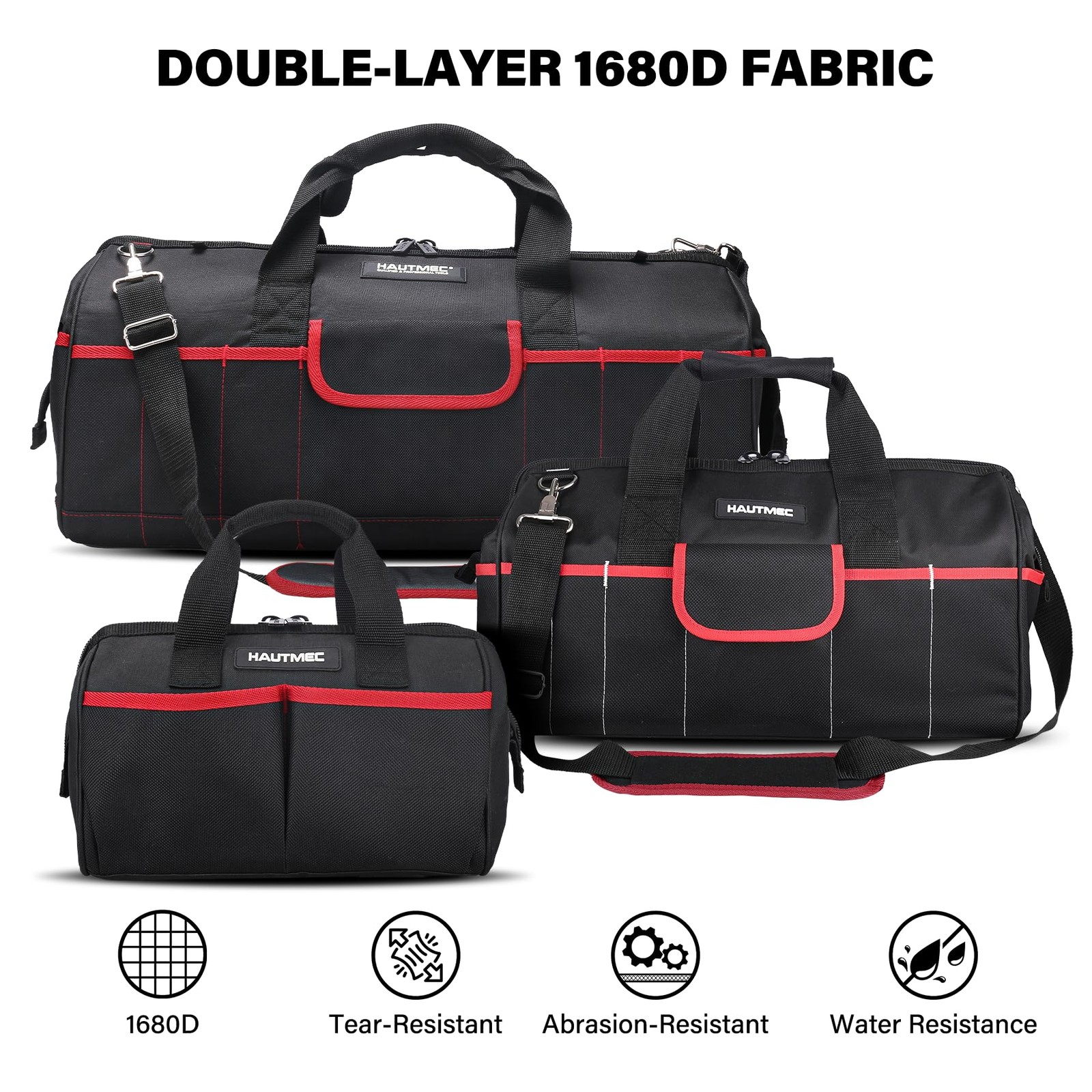 HAUTMEC 3-Piece Large Tool Bag Set (12” / 18” / 24”), Heavy-Duty Black & Red