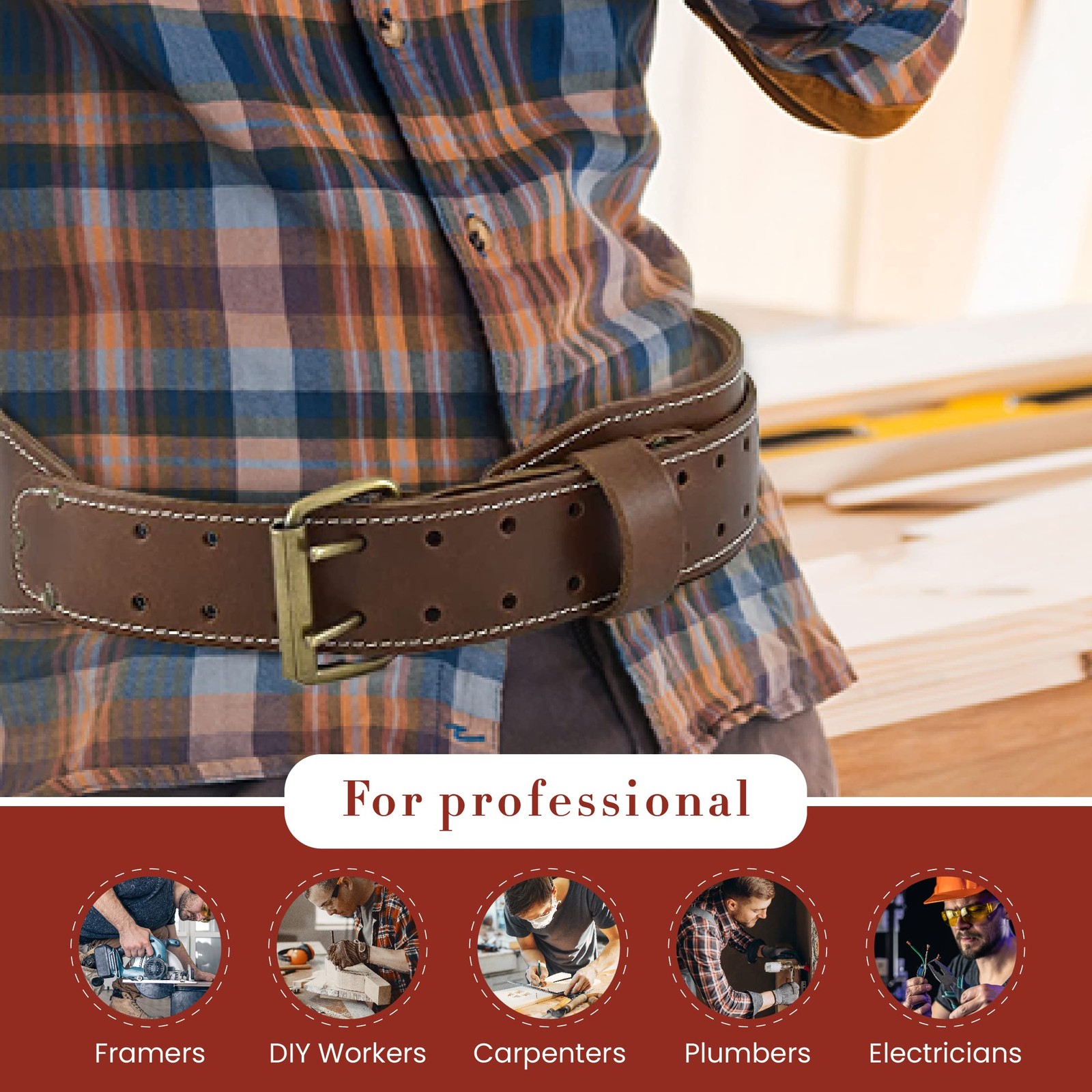 3″ Wide Tapered Full-Grain Leather Work Belt Rugged Construction Dark Tan