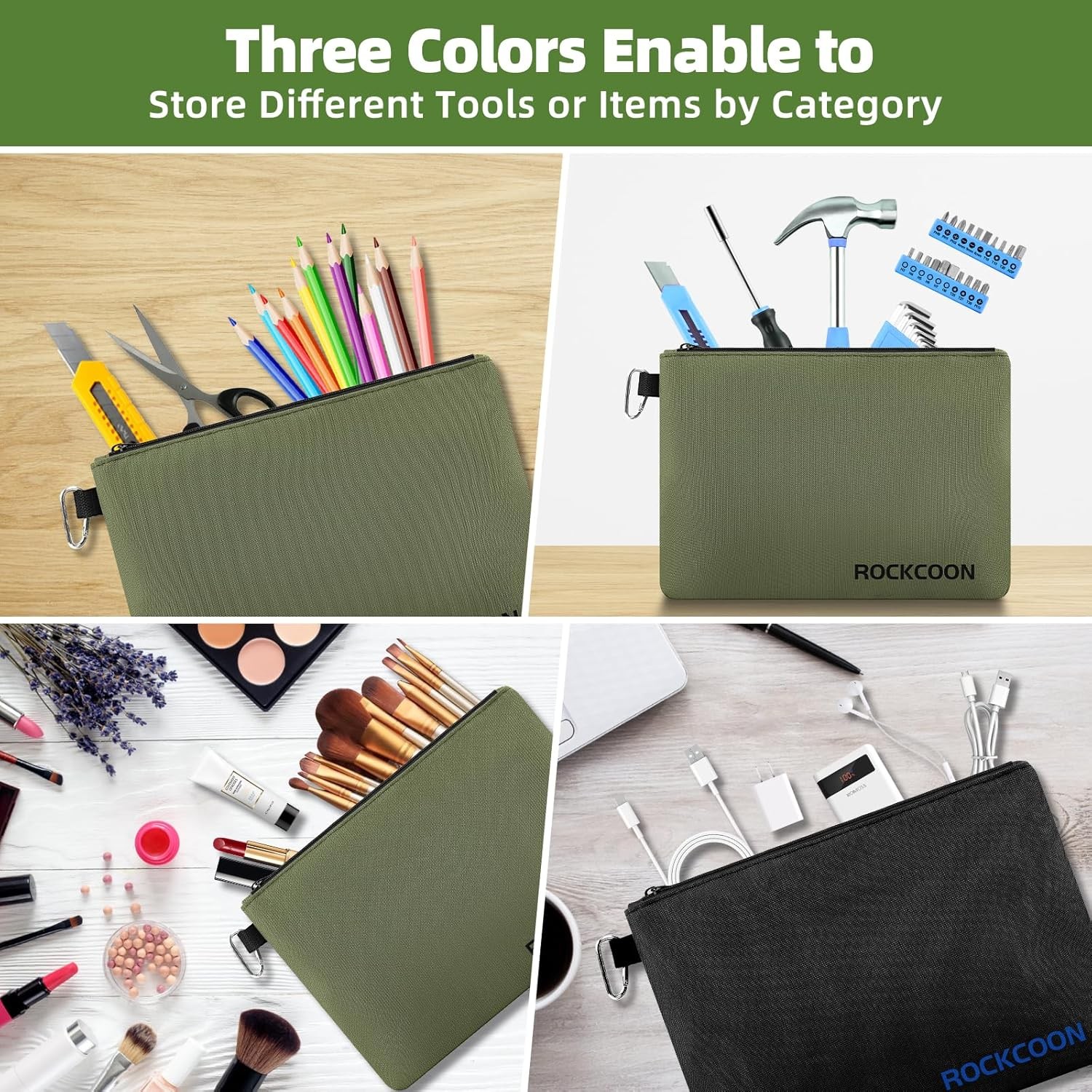 3 Pack Zipper Pouch, Multipurpose Zippers Pouches for Tan, Navy Green, Black