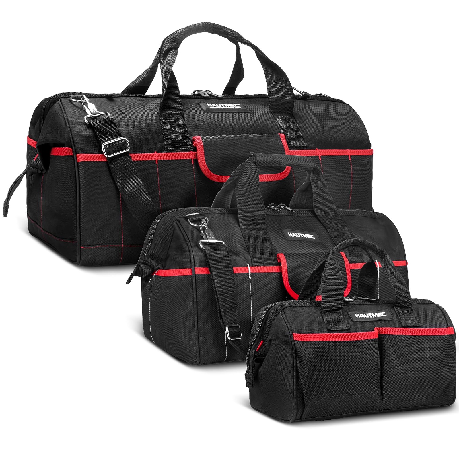 HAUTMEC 3-Piece Large Tool Bag Set (12” / 18” / 24”), Heavy-Duty Black & Red