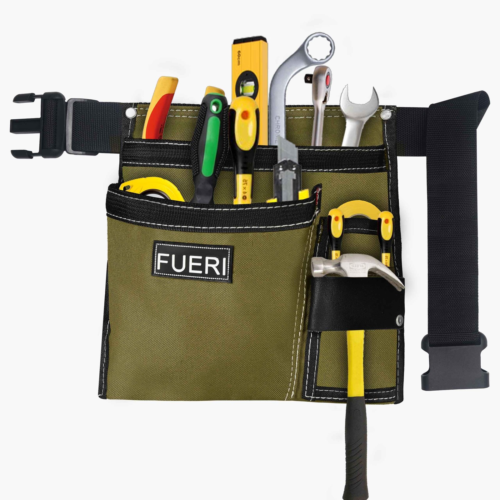 FUERI 5-Pocket Cordura Single-Side Tool Pouch with Belt, Adjustable, Beige