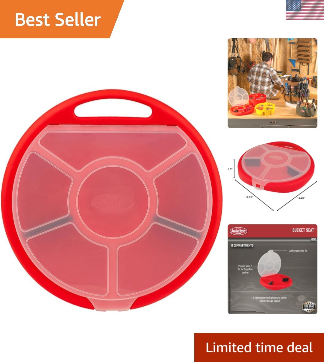 Versatile Small Parts Organizer: 5-Gallon Bucket Seat with 6 Compartments Red