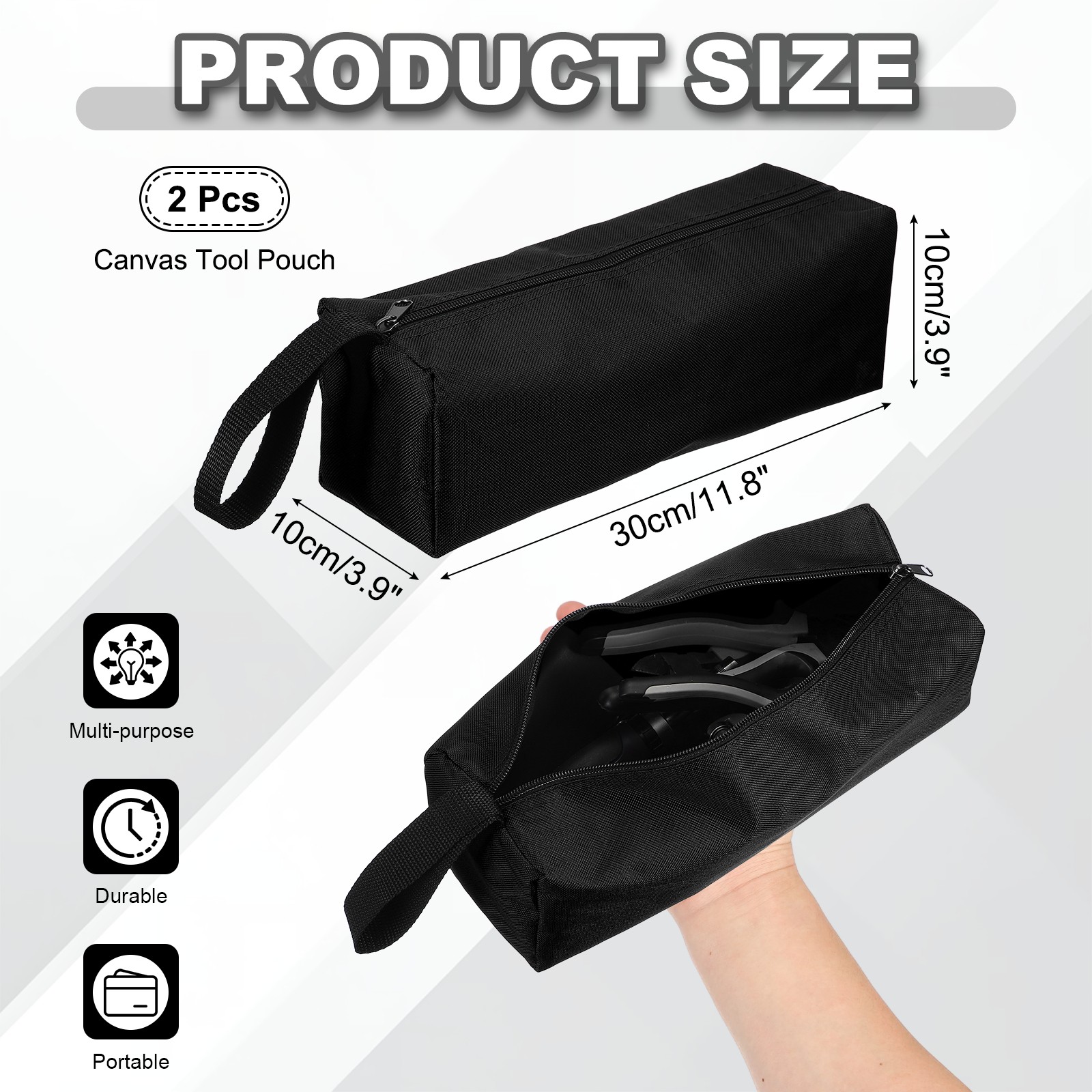 2 Pcs 11.8×3.9×3.9″ Multi Purpose Zipper Canvas Tool Pouch, Black