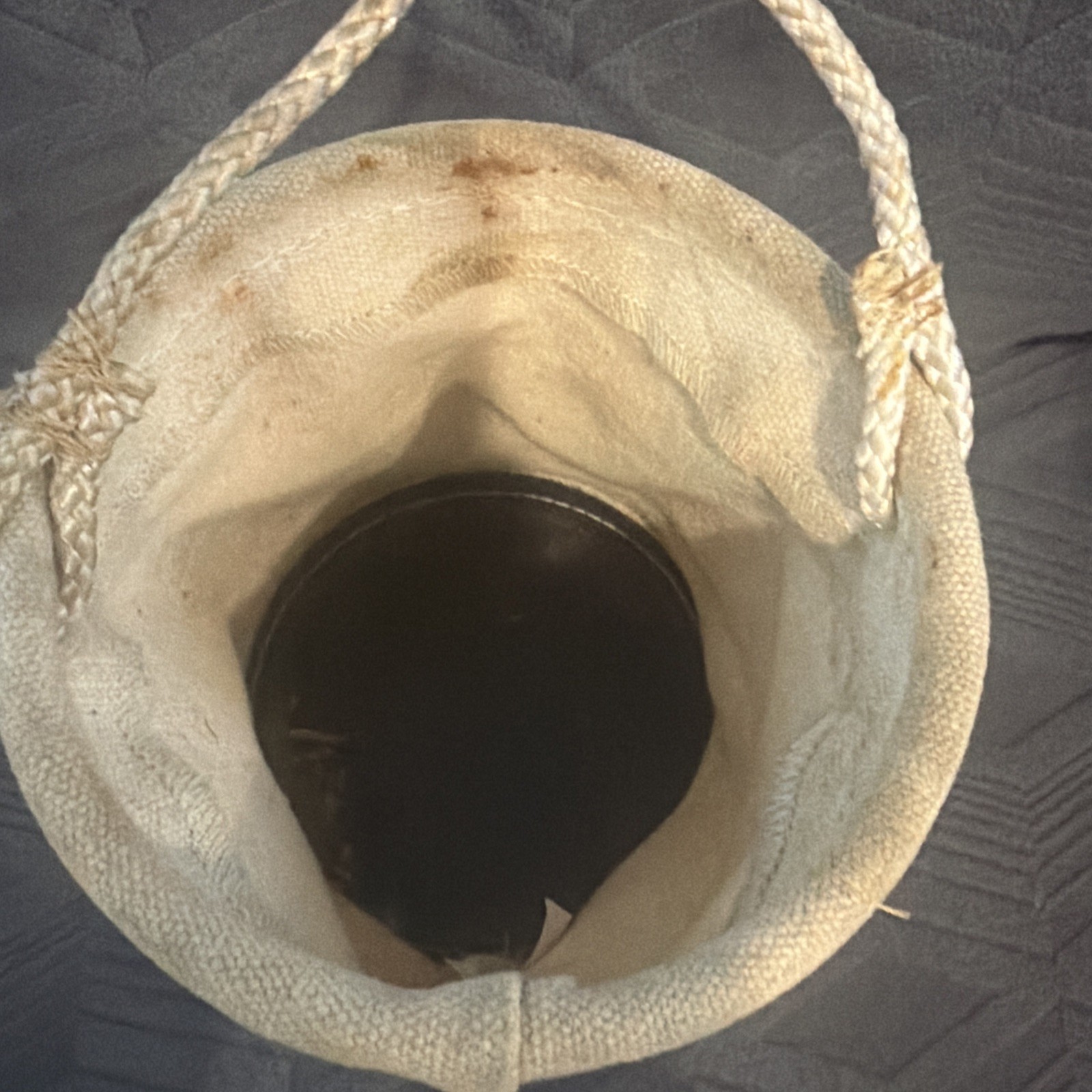 VINTAGE CANVAS LINEMAN TOOL BUCKET RUBBER BOTTOM ROPE HANDLE
