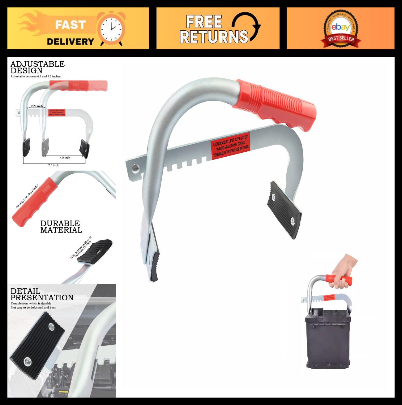 Ergonomic Heavy Duty Battery Carrier Tool, Adjustable 4.5-7.5 Inch Hold Down Kit