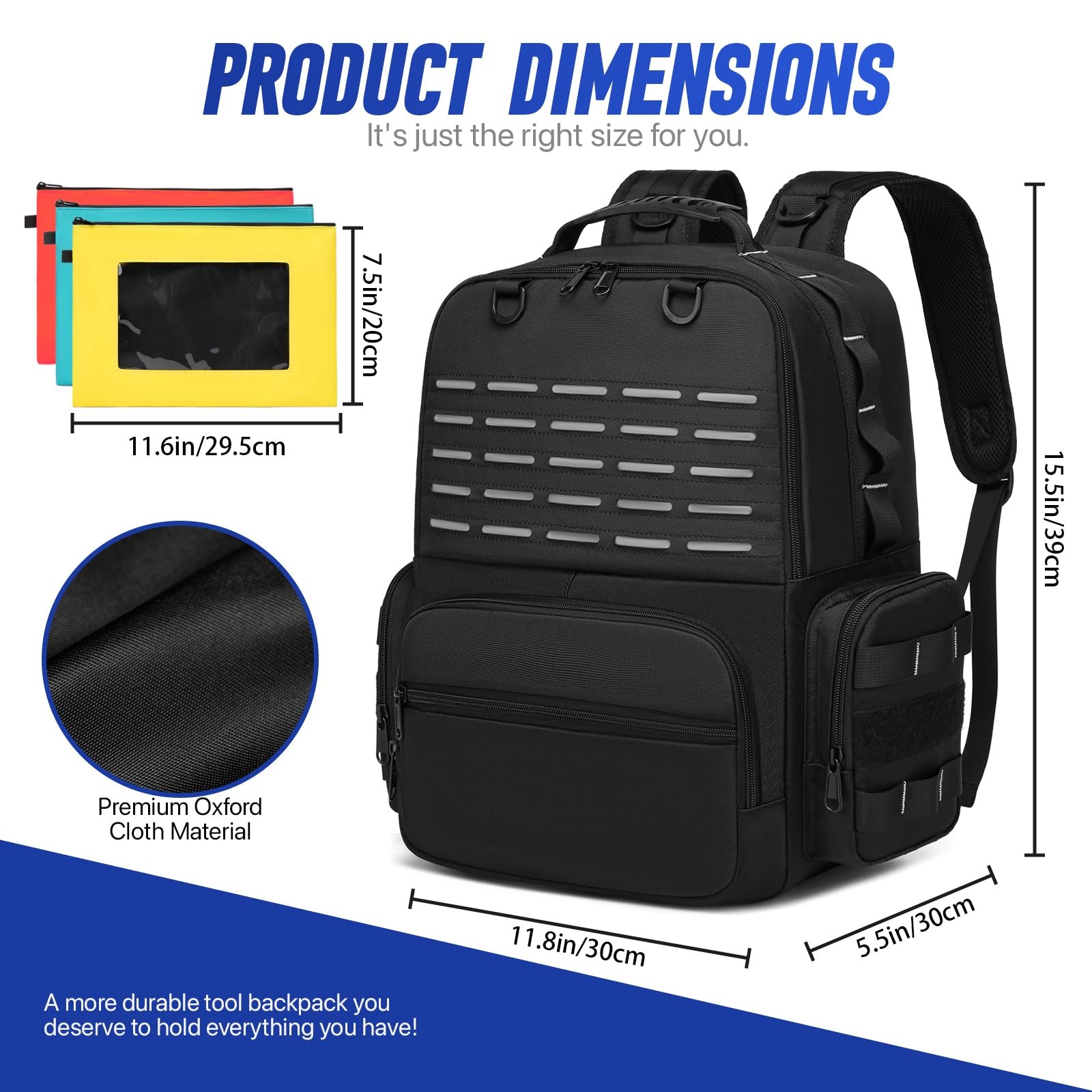 Heavy Duty Tool Backpack Organizer with 3 Pouches for Electricians Technicians