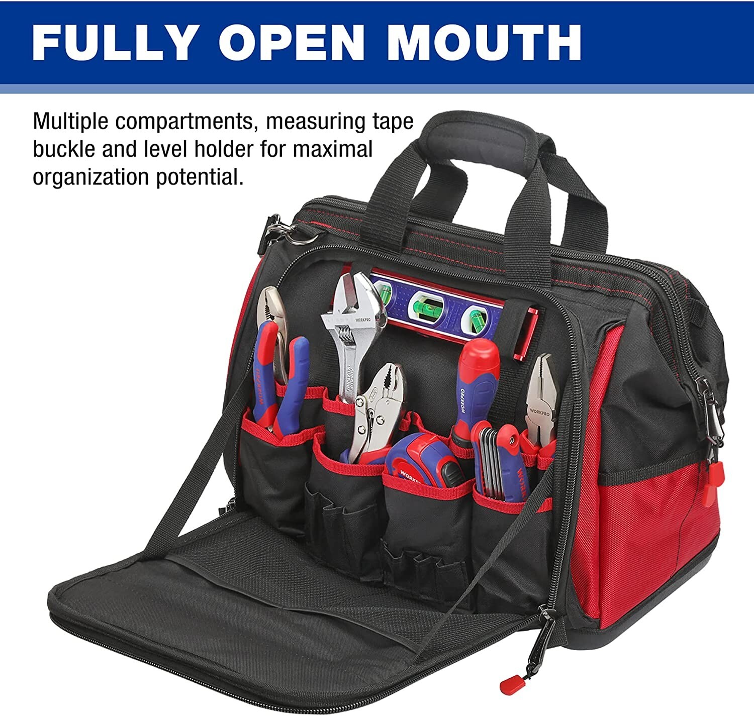 WORKPRO 16″ Tool Bag Top Wide Mouth With 46 Pockets For Tool Organizer & Storage