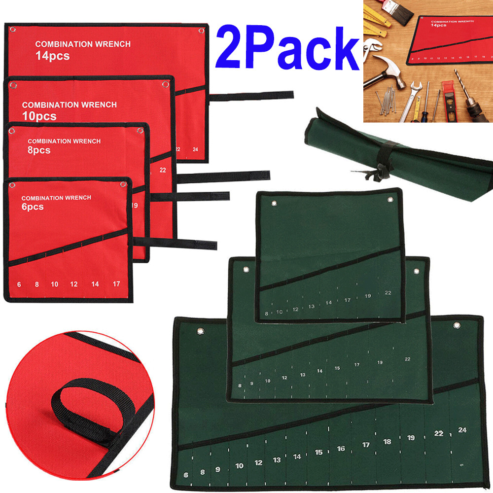 2Pc Red/Green 6-14 Pocket Spanner Wrench Tool Roll Up Storage Bag Pouch Case Box