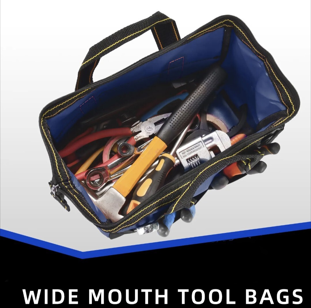 16in Water Resistant Tool Bag, Wide Mouth, Side Pockets.