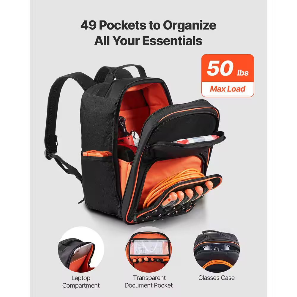 Tool Backpack, 49 Pockets, Heavy-Duty Tools Storage Organizer Work Bags with Lap