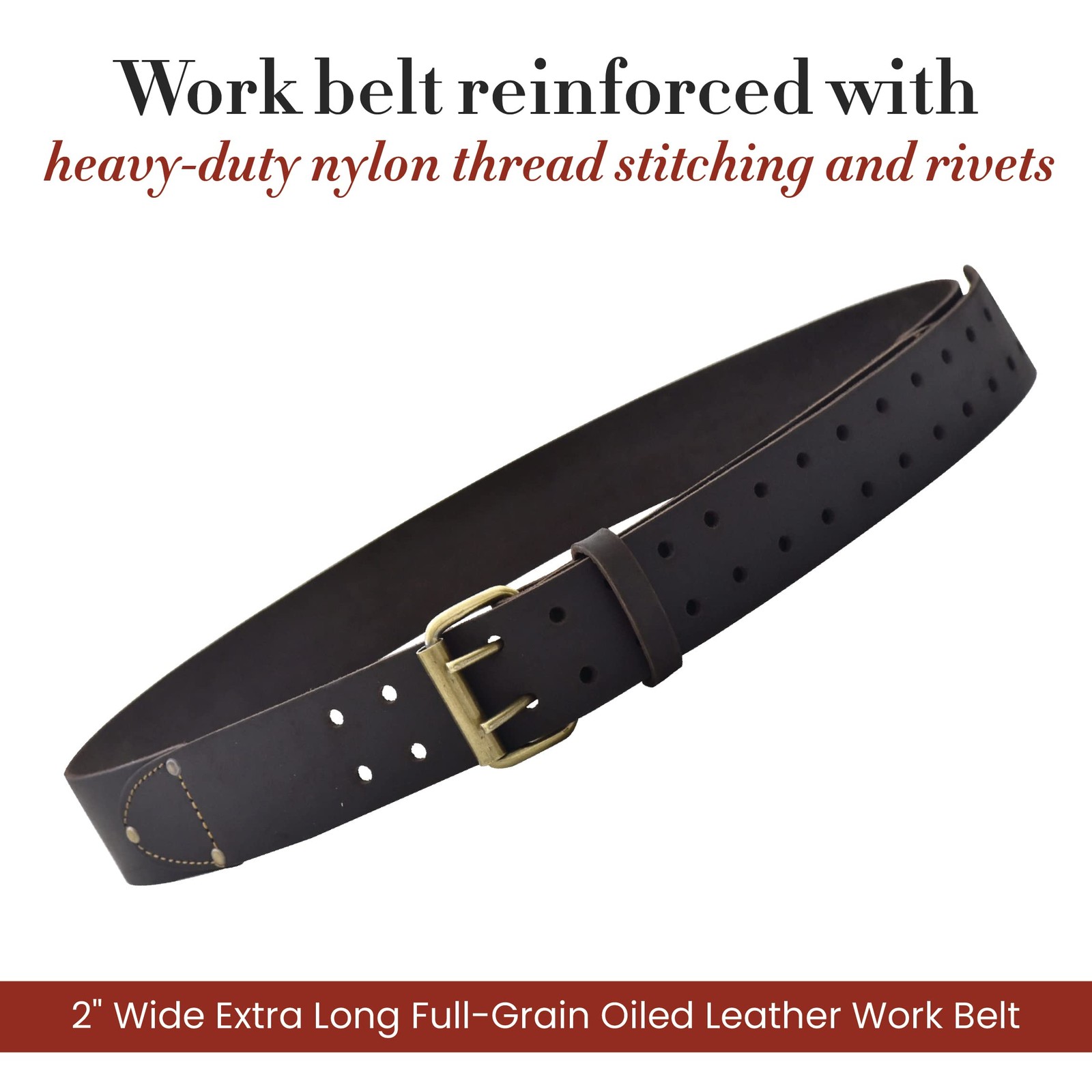 2 Inch Wide Extra Long FullGrain Oiled Leather Work Belt Dark Brown #74053