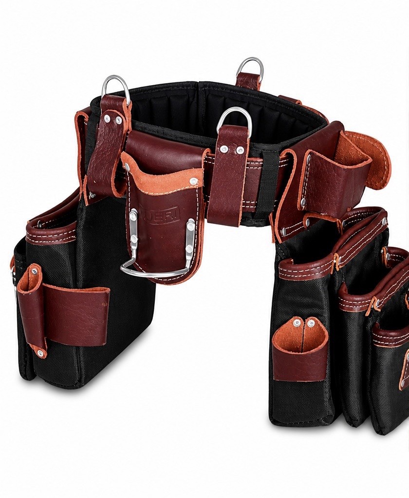 FUERI Leather Fabric Adjustable Padded Tool Belt Black Brown Multiple Pockets