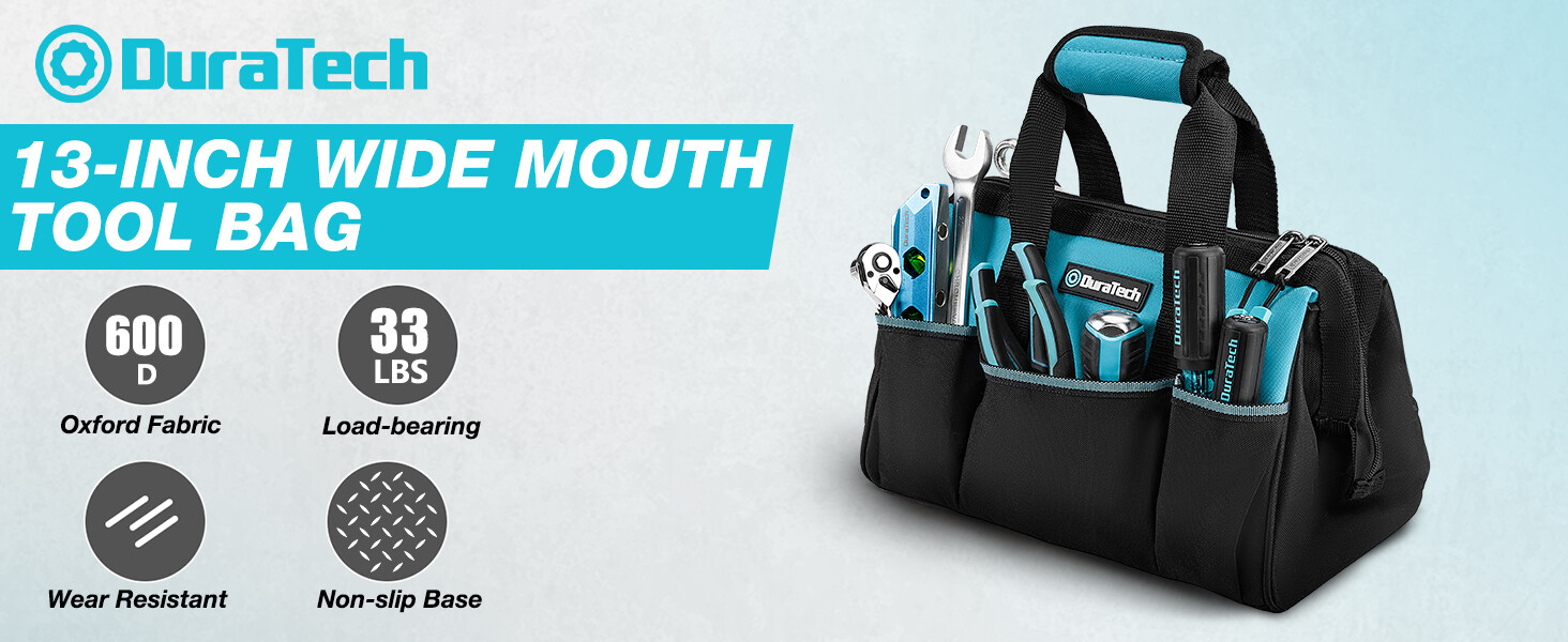 13Inch Small Tool Bag with 9Pockets Wide Open Mouth Polyester w/Thickened Fabric