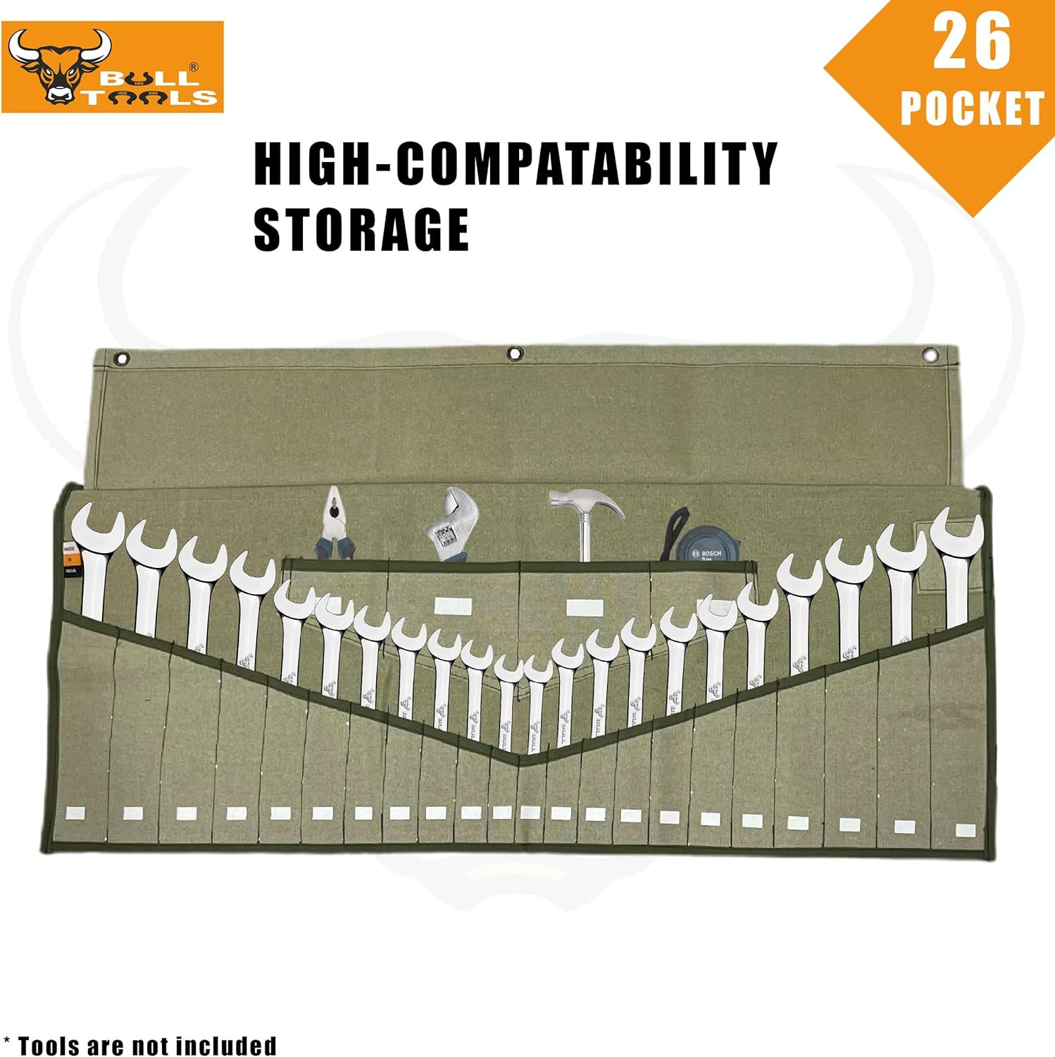 Wrench Roll, 26 Pocket Tool Pouch, Metric SAE Cotton Canvas Bag Organizer | Roll