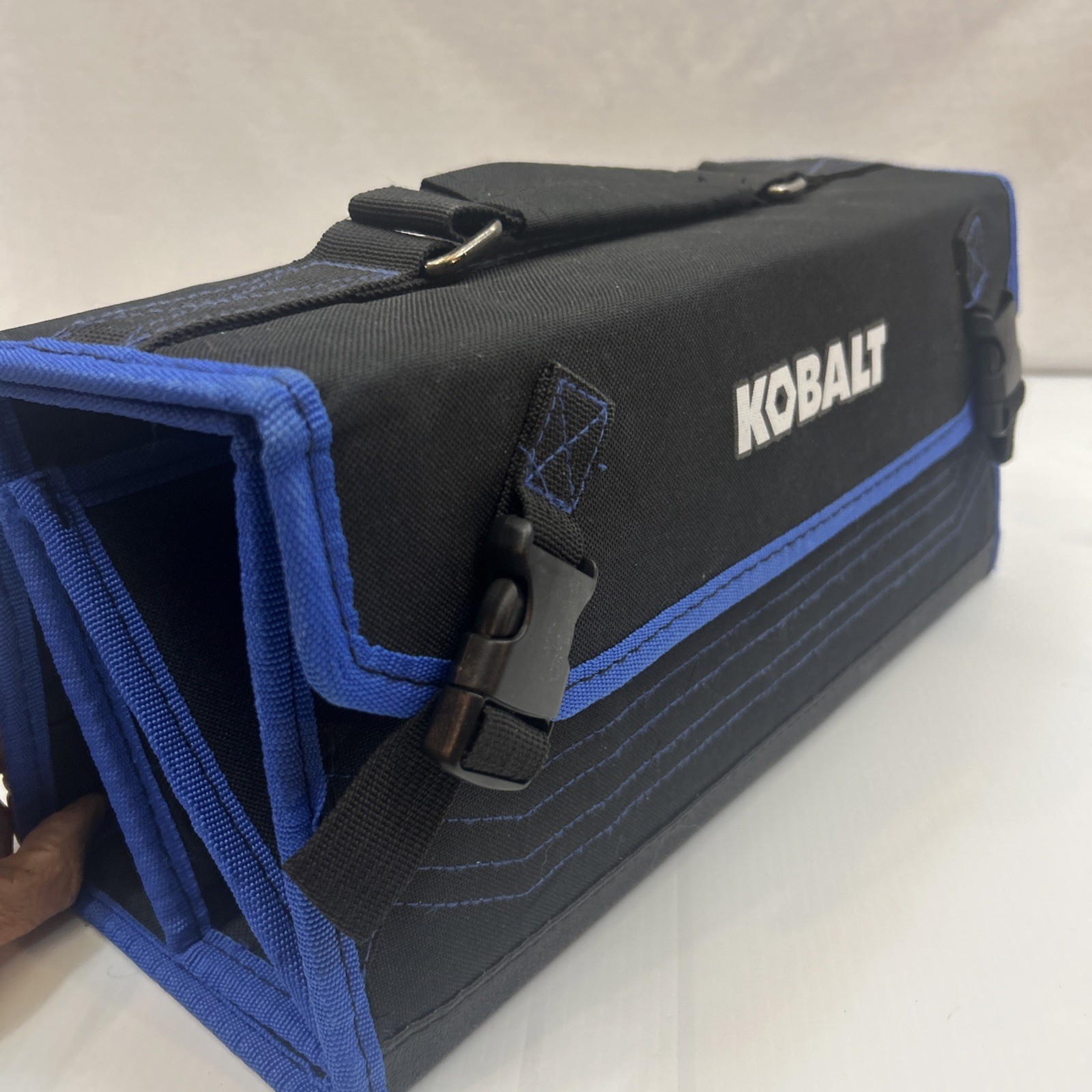 Kobalt Black Blue Fabric Tool Bag with Handle, Buckle, Multiple Pockets