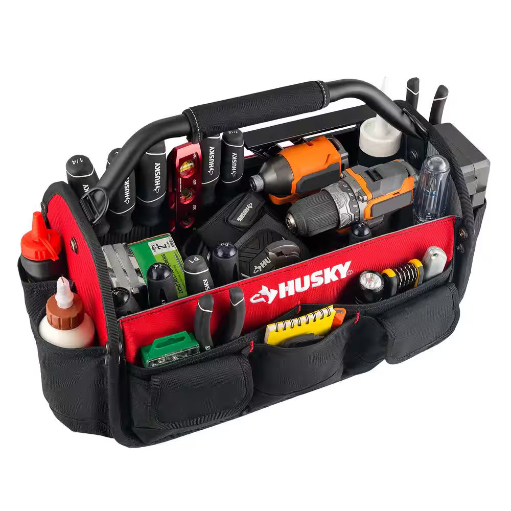 Husky Tool Bag 17 in 18 Pocket Open Top Padded Handle Weatherproof Polypropylene