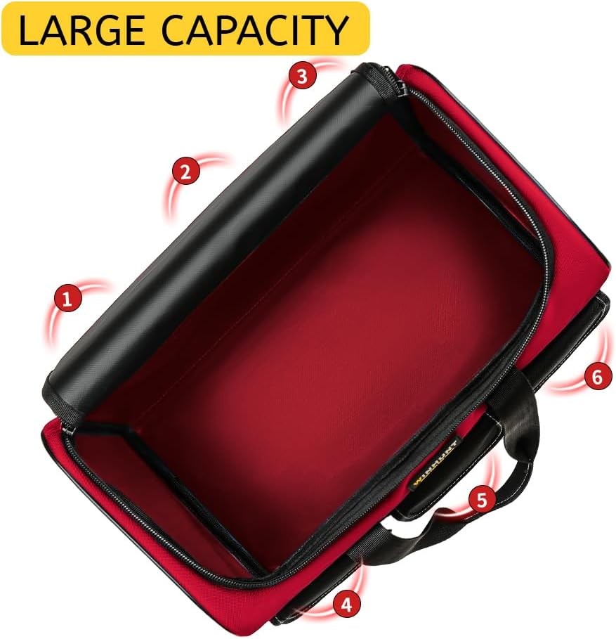 17″ Tool Bag for Men 6-Pocket Waterproof Organizer Red & Black Double Zipper