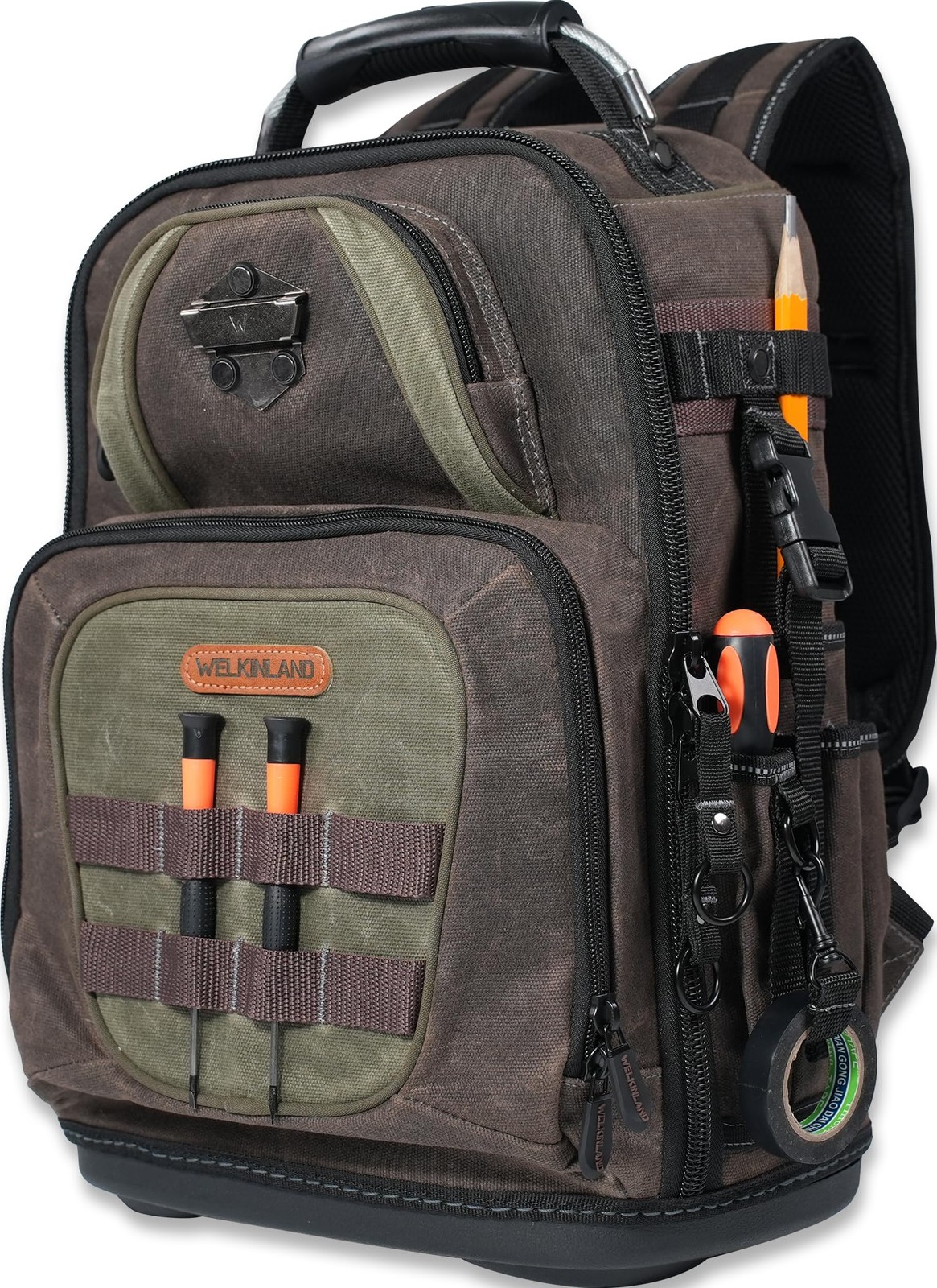 WELKINLAND 36-Pockets Electrician Backpack, Hard-Based HVAC Brown & Green