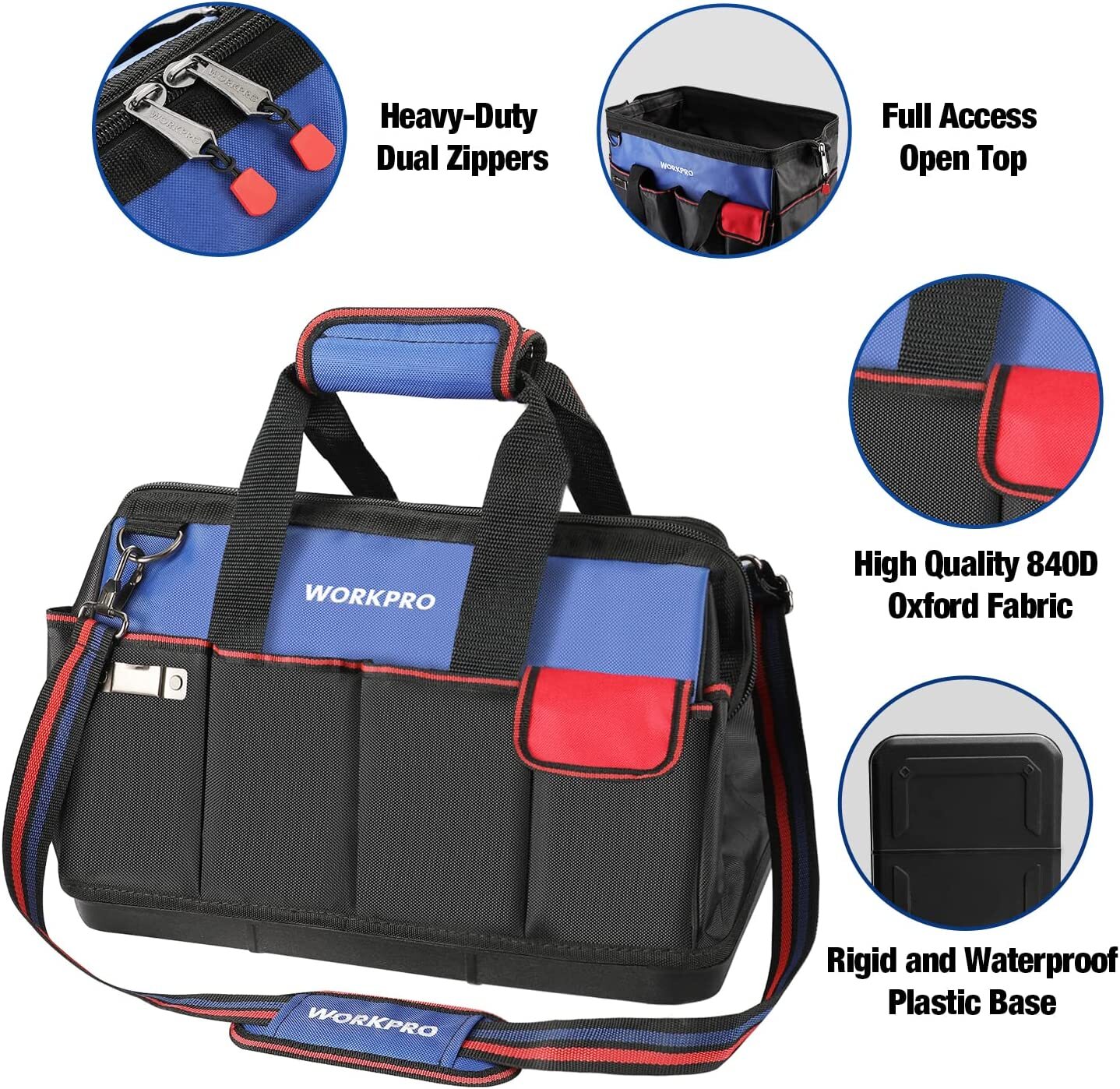 WORKPRO 18 Inch Tool Bag with Waterproof Molded Base Adjustable Shoulder Strap
