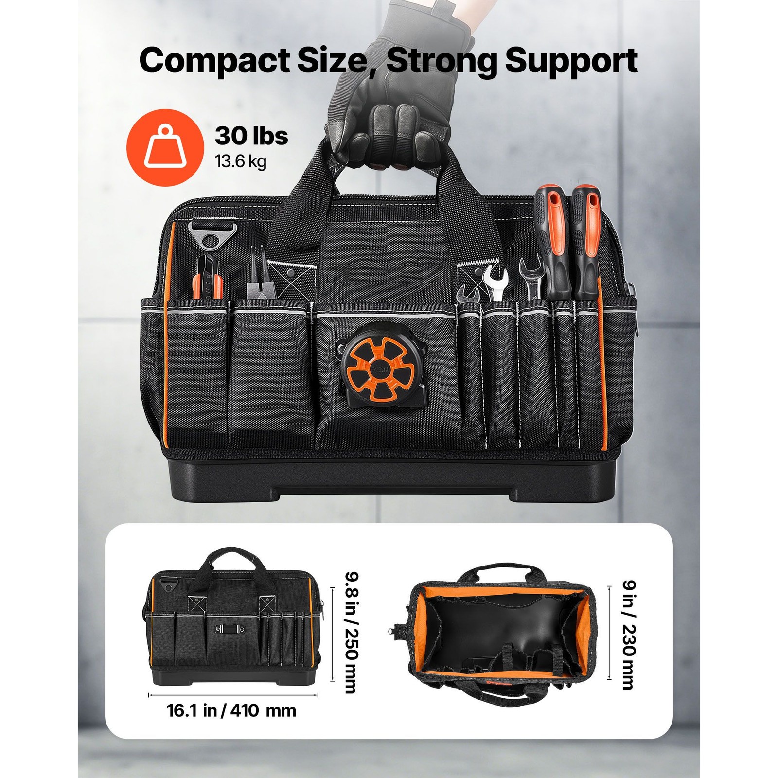 16in 33-Pocket Tool Bag, 50lb Poly Base, Water-Resistant