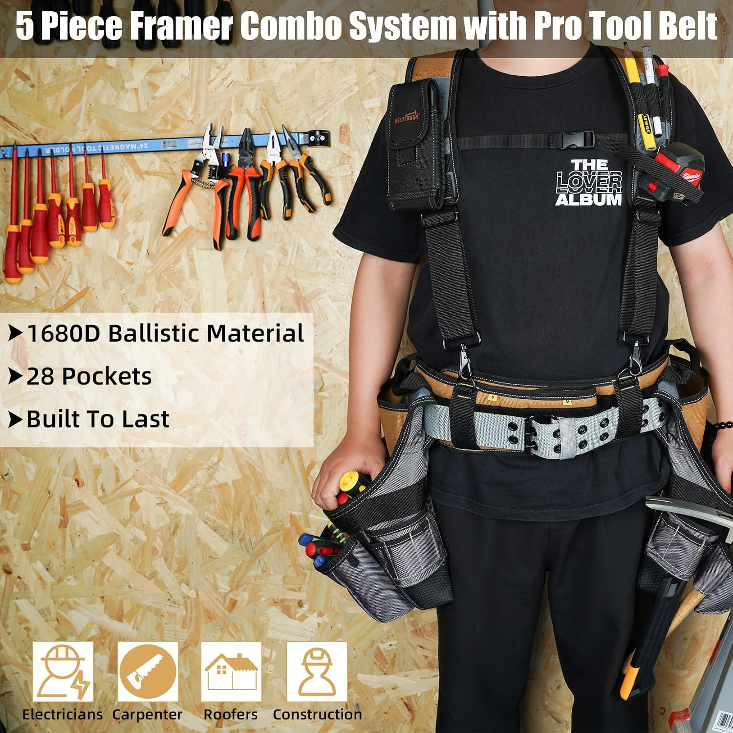 28-Pocket Pro Framer’S Rig Combo Apron Tool Belt and Heavy Duty Padded Suspender