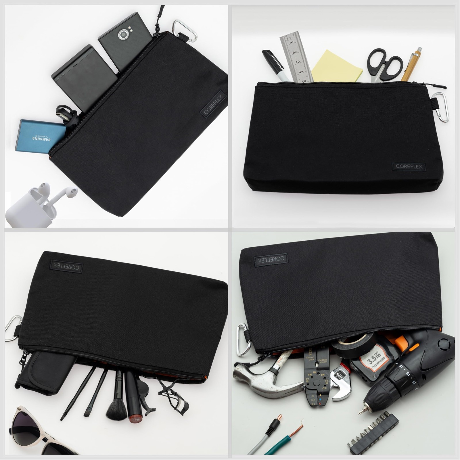 6 PCS 12 Inch Large Black Heavy Duty Flat Bottom Tool Pouch Zipper Bag