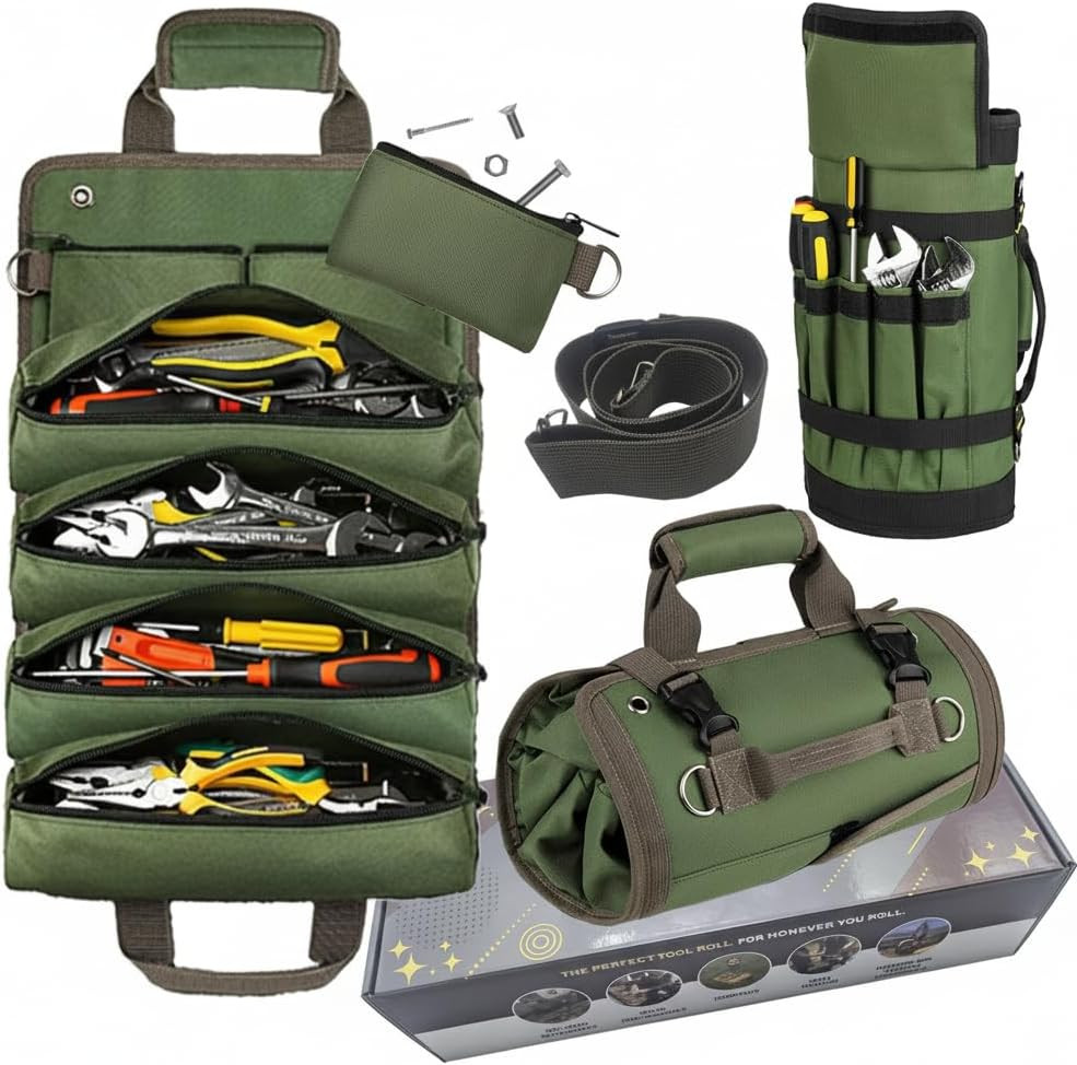 Roll Up Tool Bag Organizer Heavy Duty Canvas Pouch with Zipper Pockets Gear Case