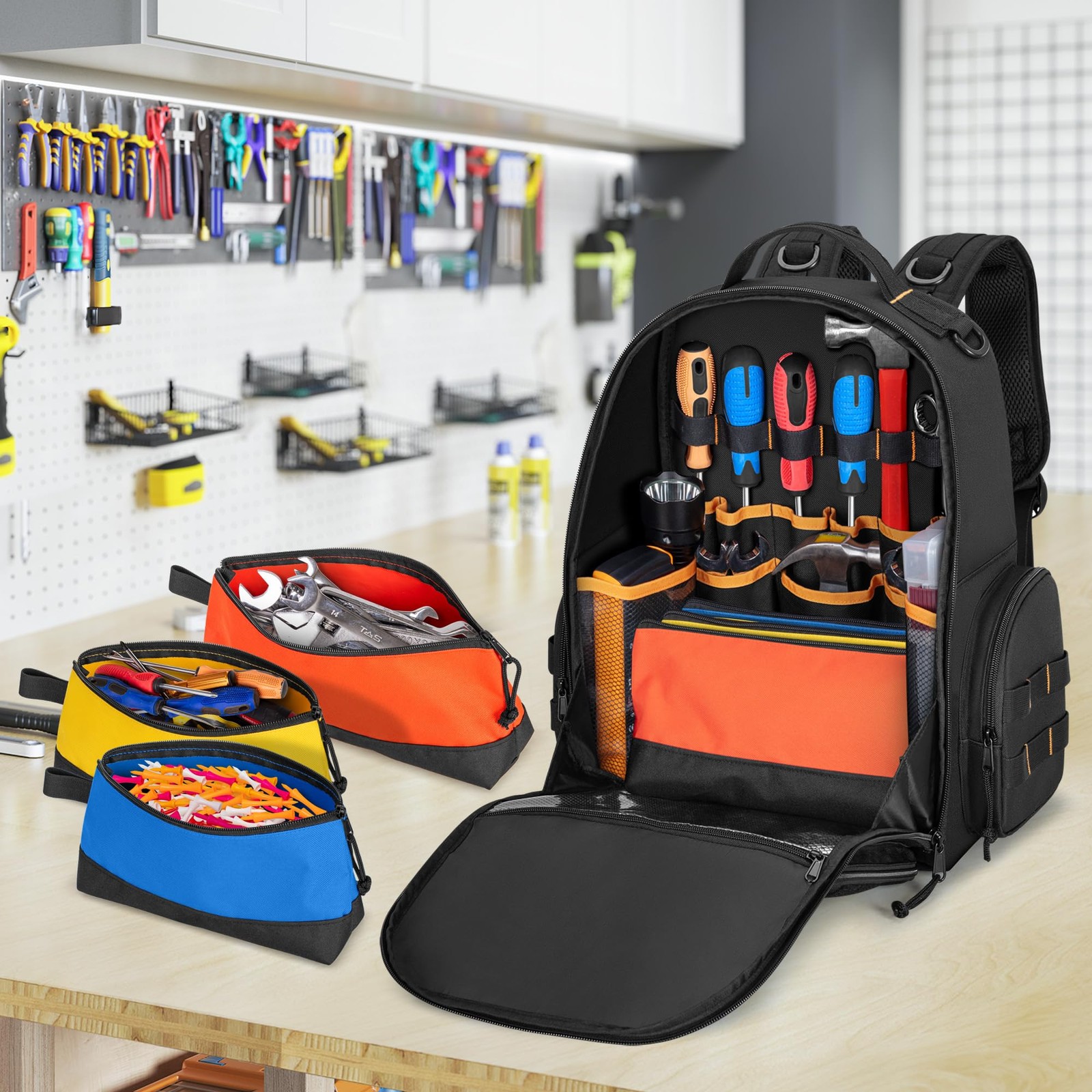 Rexmica Tool Bag Backpack with 3 Zipper Pouch, Medium to Large, Black