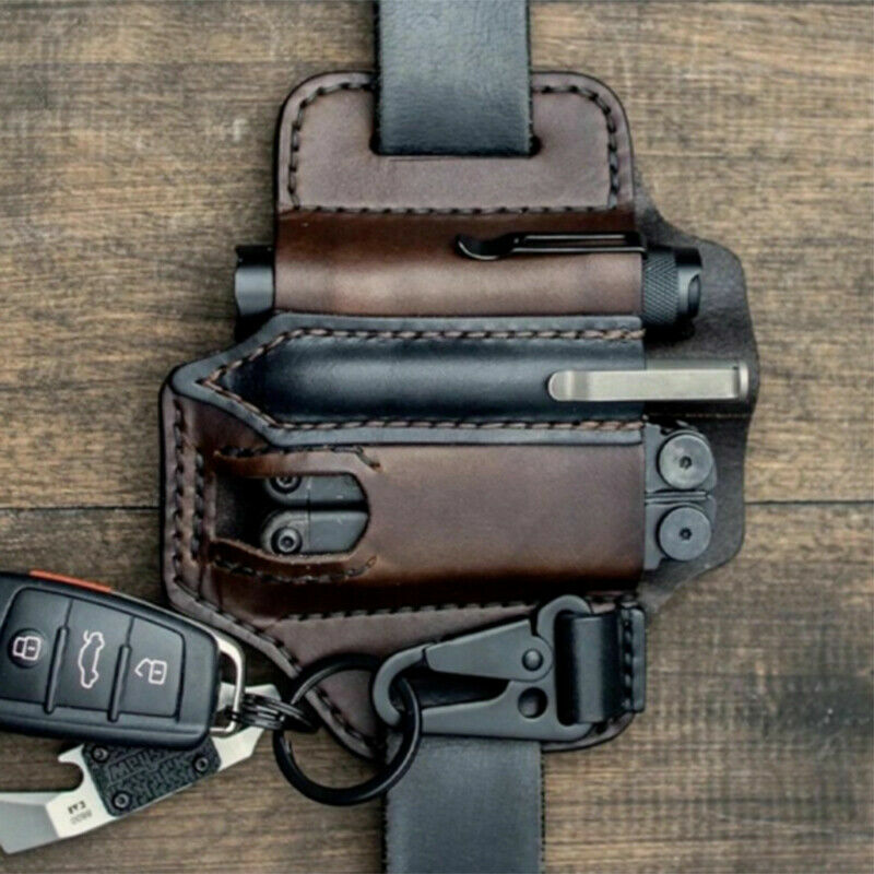 Leather Sheath Pocket Organizer Multi Tool Storage Belt Waist Bag for Camping