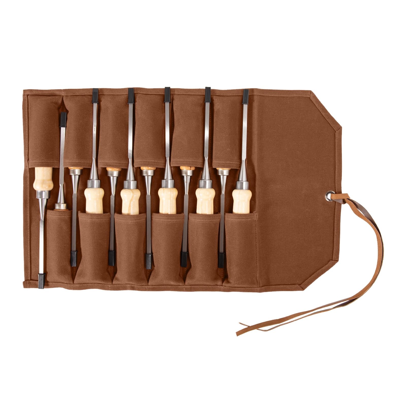 Waxed Canvas Tool Roll Pouch Bag Organizer 6 Pockets Brown
