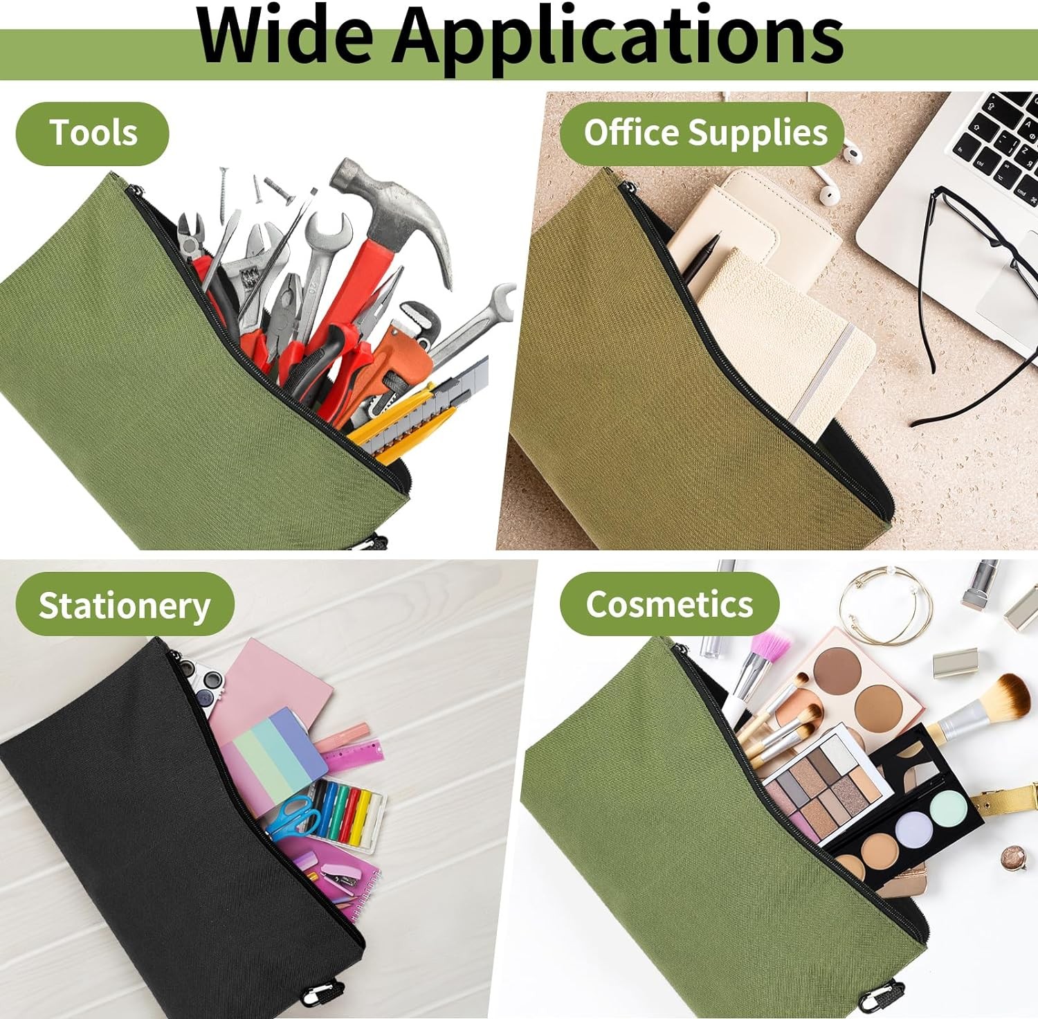 3 Pack Tool Bag Zipper Pouch, Premium 3 Pack, Tan, Navy Green, Black