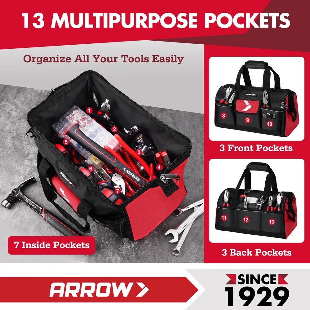 ARROW 16″ Tool Bag Organizer Large Capacity with 13 Pockets for Men Heavy Duty