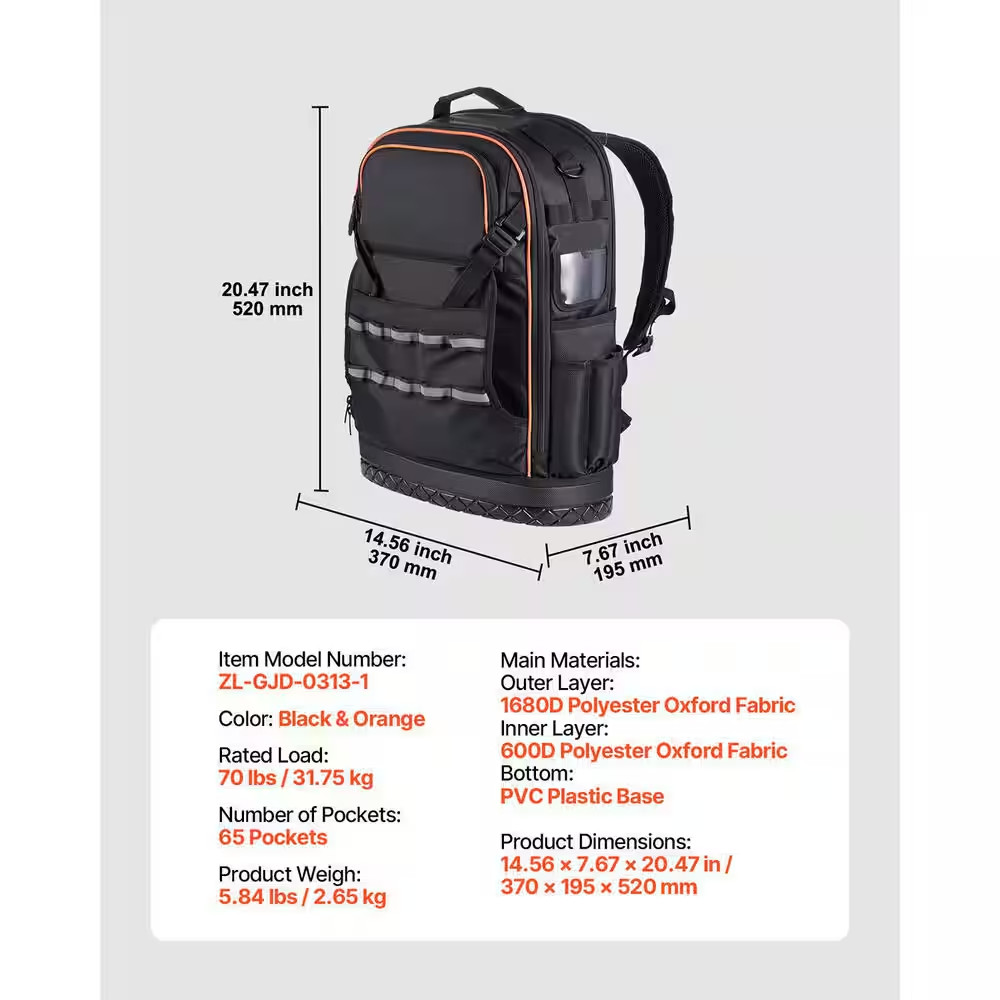 Tool Backpack, 65 Pockets, Heavy-Duty Tools Storage Organizer Work Bags with Lap