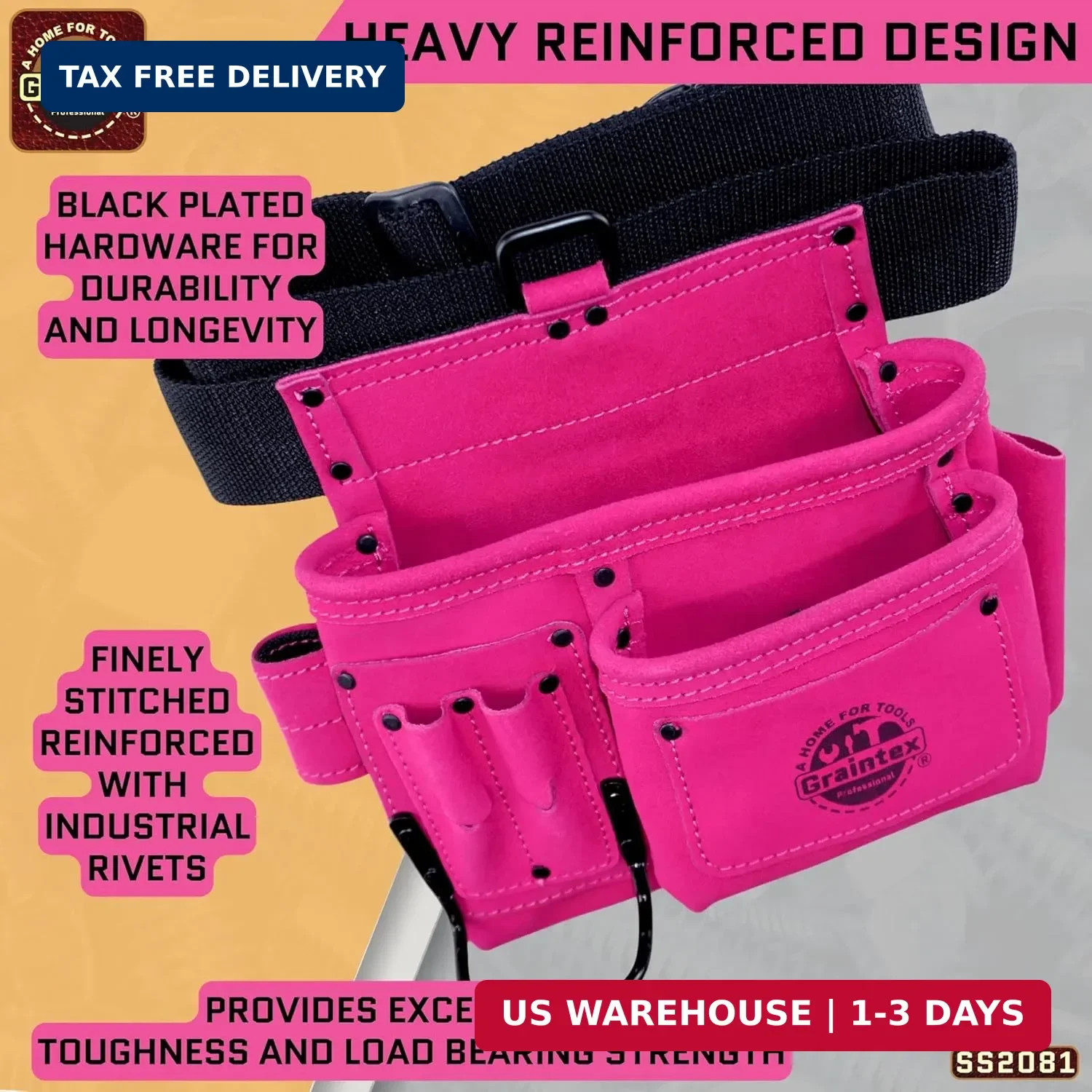 Graintex 5 Pocket Suede Leather Tool Belt/Bag | Pink | Multipurpose Leather Tool
